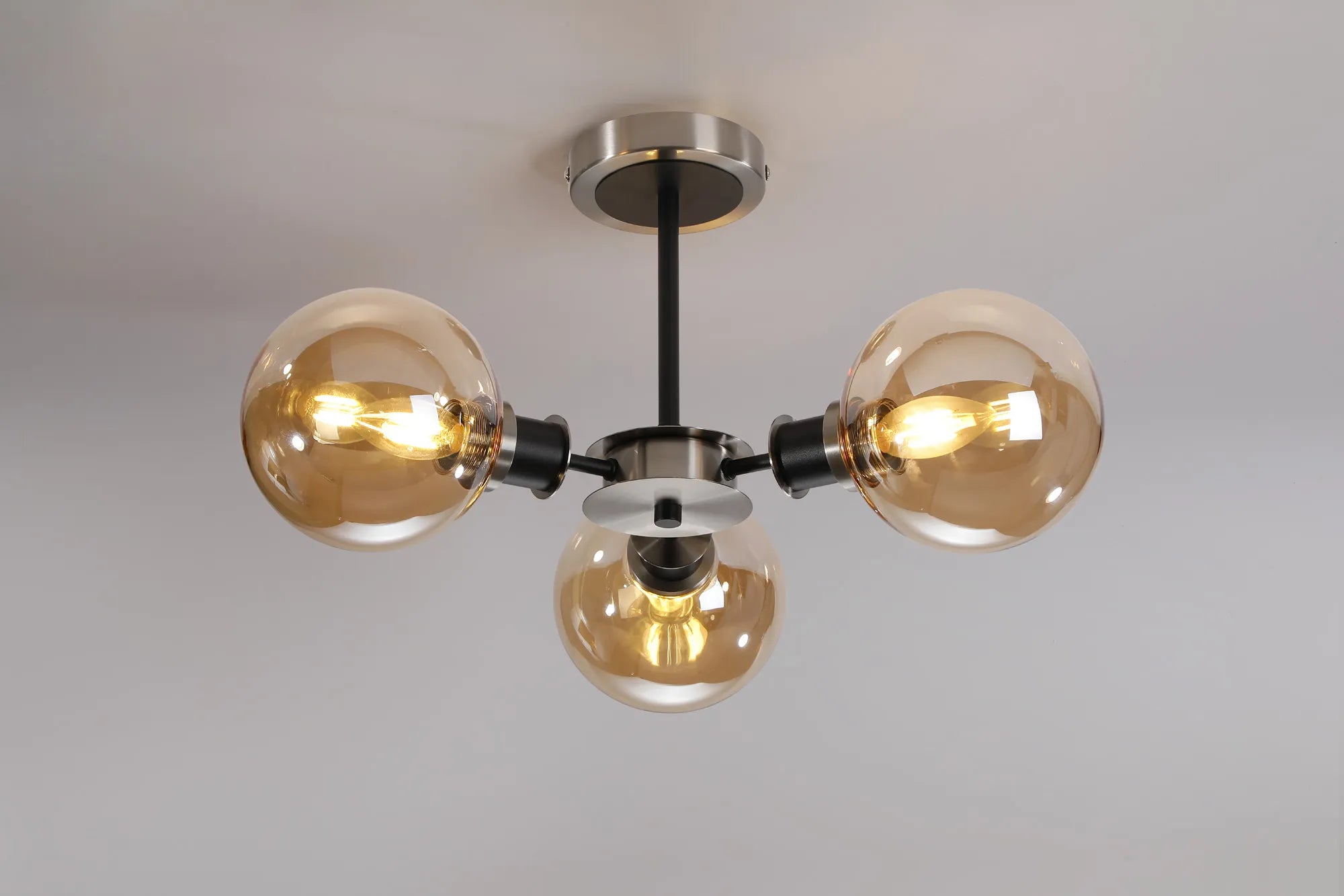 Sycamore Semi Ceiliing 3 Light with 15cm Round Glass Shade - Satin Nickel, Amber Plated & Satin Black