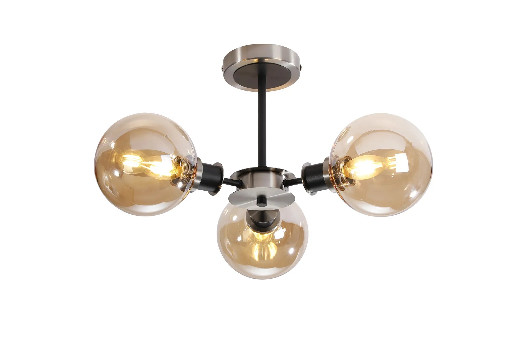 Sycamore Semi Ceiliing 3 Light with 15cm Round Glass Shade - Satin Nickel, Amber Plated & Satin Black