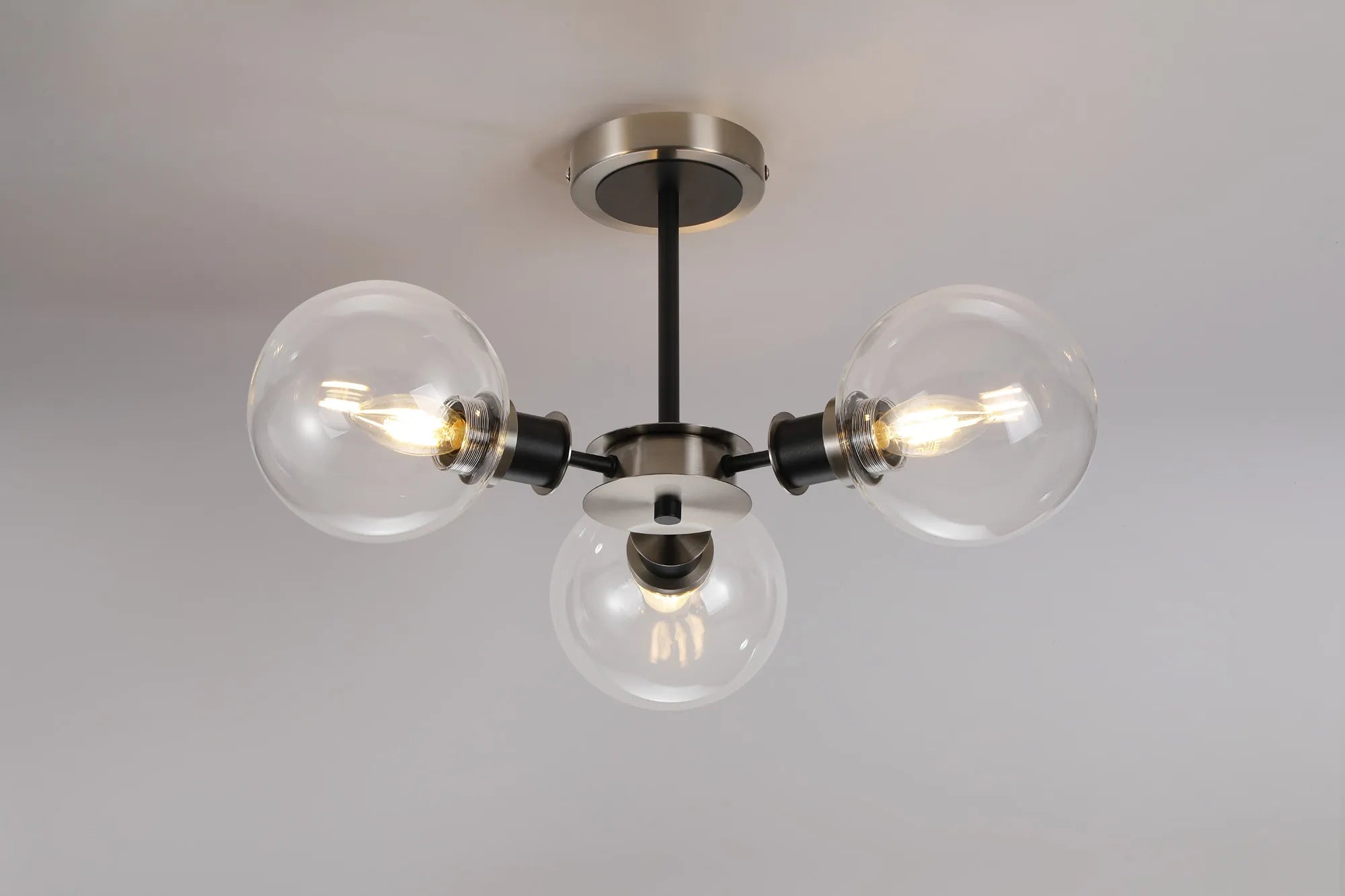 Sycamore Semi Ceiliing 3 Light with 15cm Round Glass Shade - Satin Nickel, Clear & Satin Black