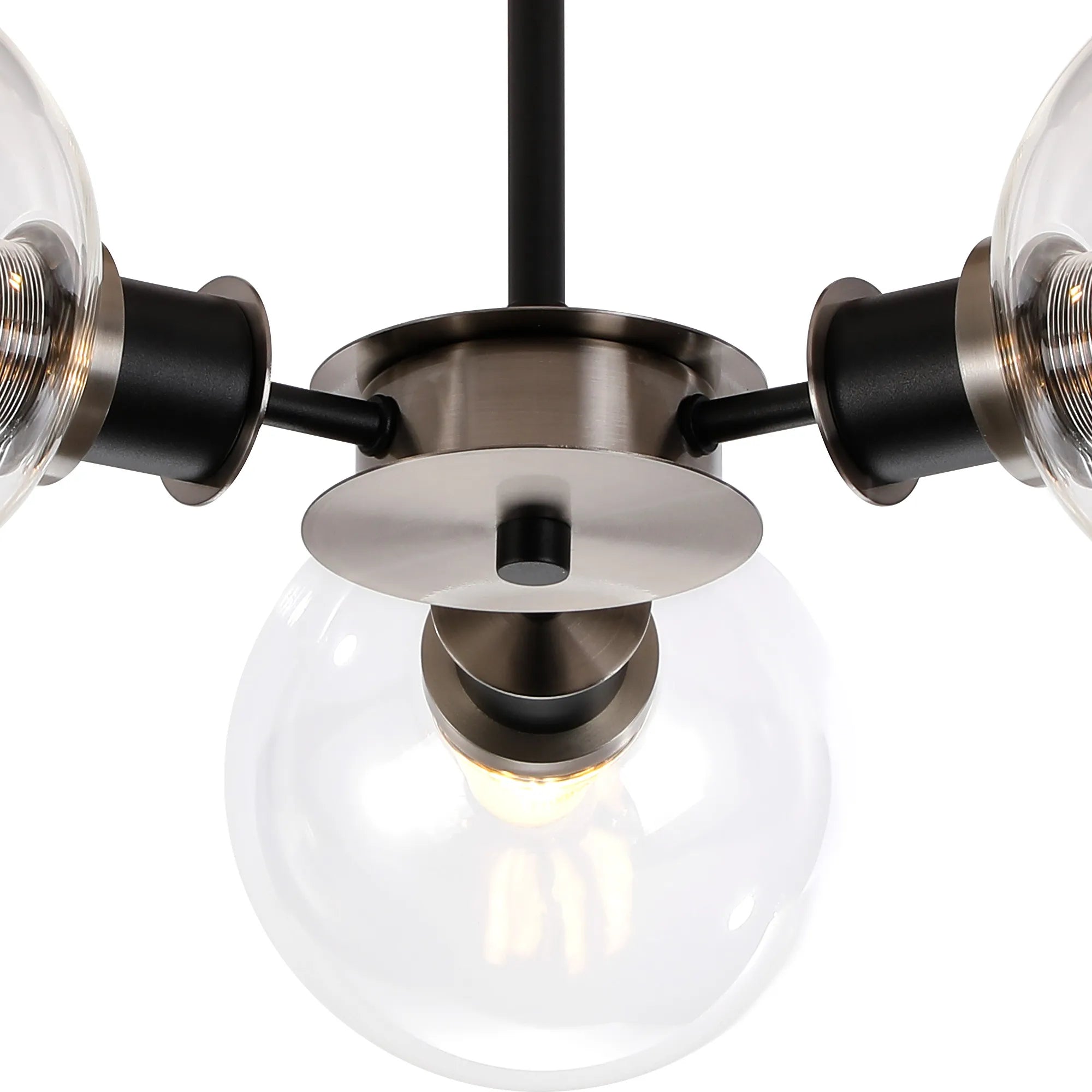 Sycamore Semi Ceiliing 3 Light with 15cm Round Glass Shade - Satin Nickel, Clear & Satin Black