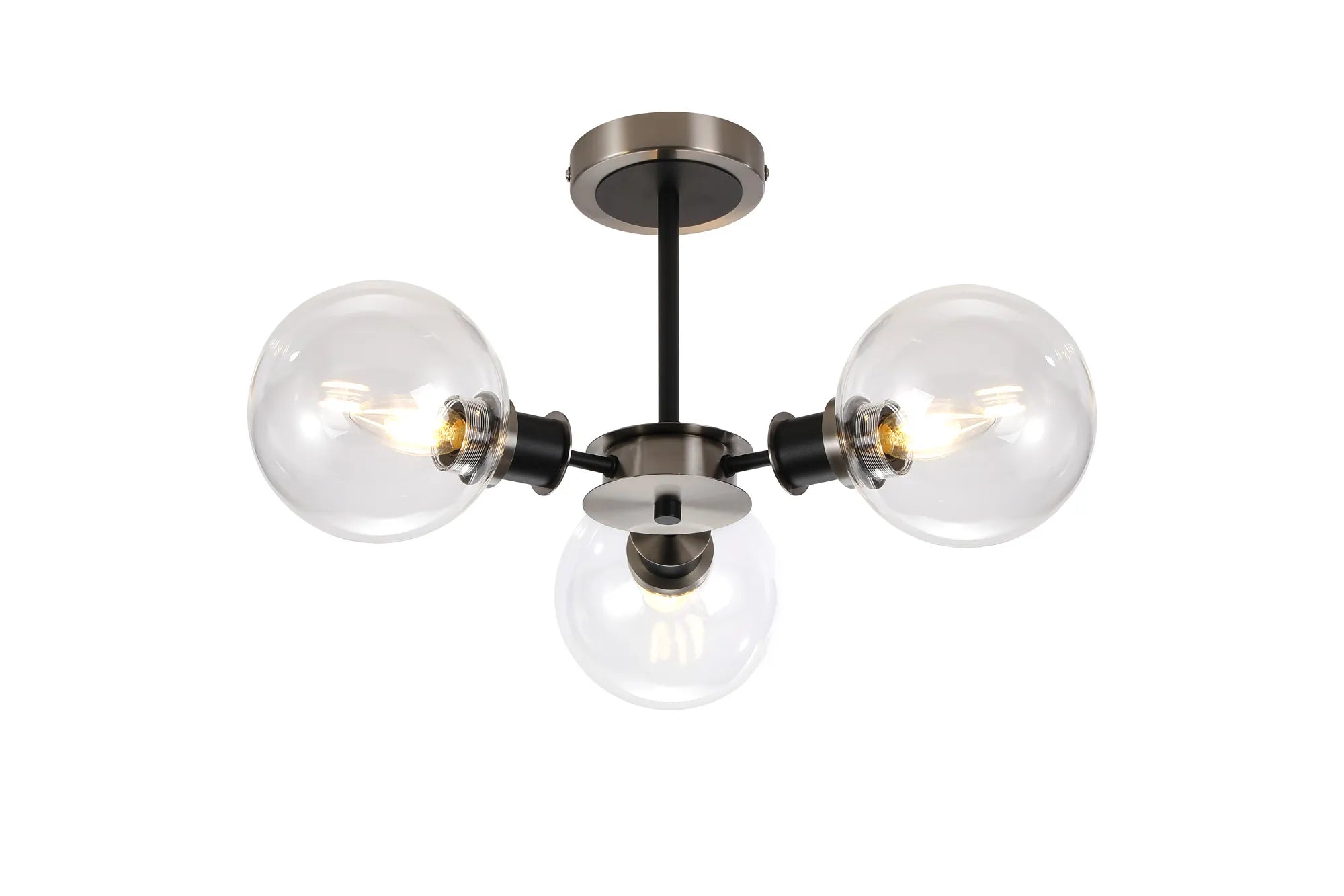 Sycamore Semi Ceiliing 3 Light with 15cm Round Glass Shade - Satin Nickel, Clear & Satin Black