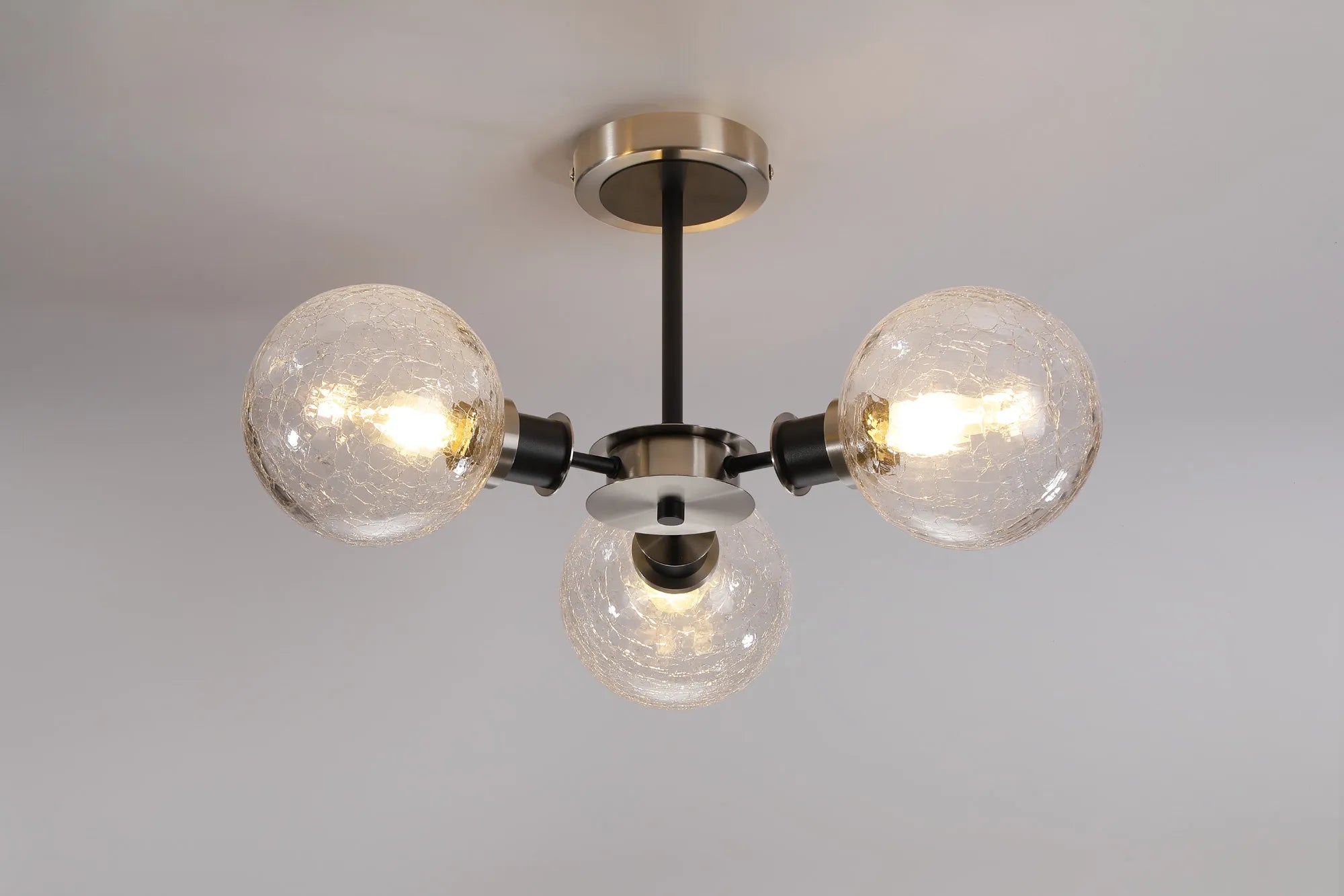 Sycamore Semi Ceiliing 3 Light with 15cm Round Crackled Glass Shade - Satin Nickel, Clear & Satin Black