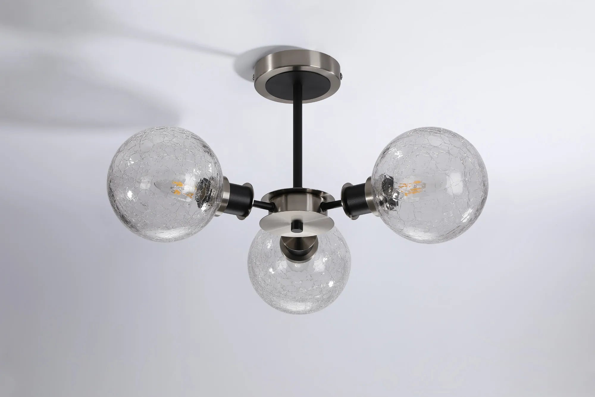 Sycamore Semi Ceiliing 3 Light with 15cm Round Crackled Glass Shade - Satin Nickel, Clear & Satin Black