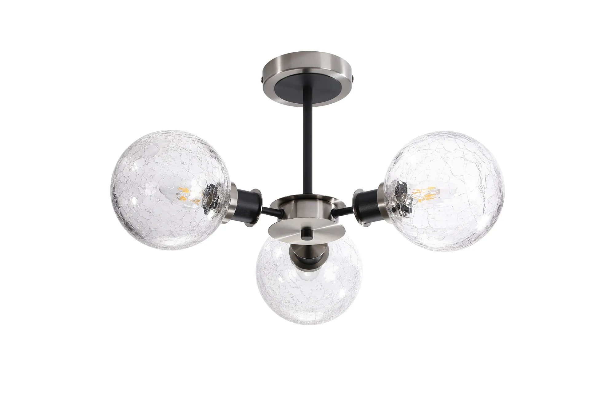 Sycamore Semi Ceiliing 3 Light with 15cm Round Crackled Glass Shade - Satin Nickel, Clear & Satin Black