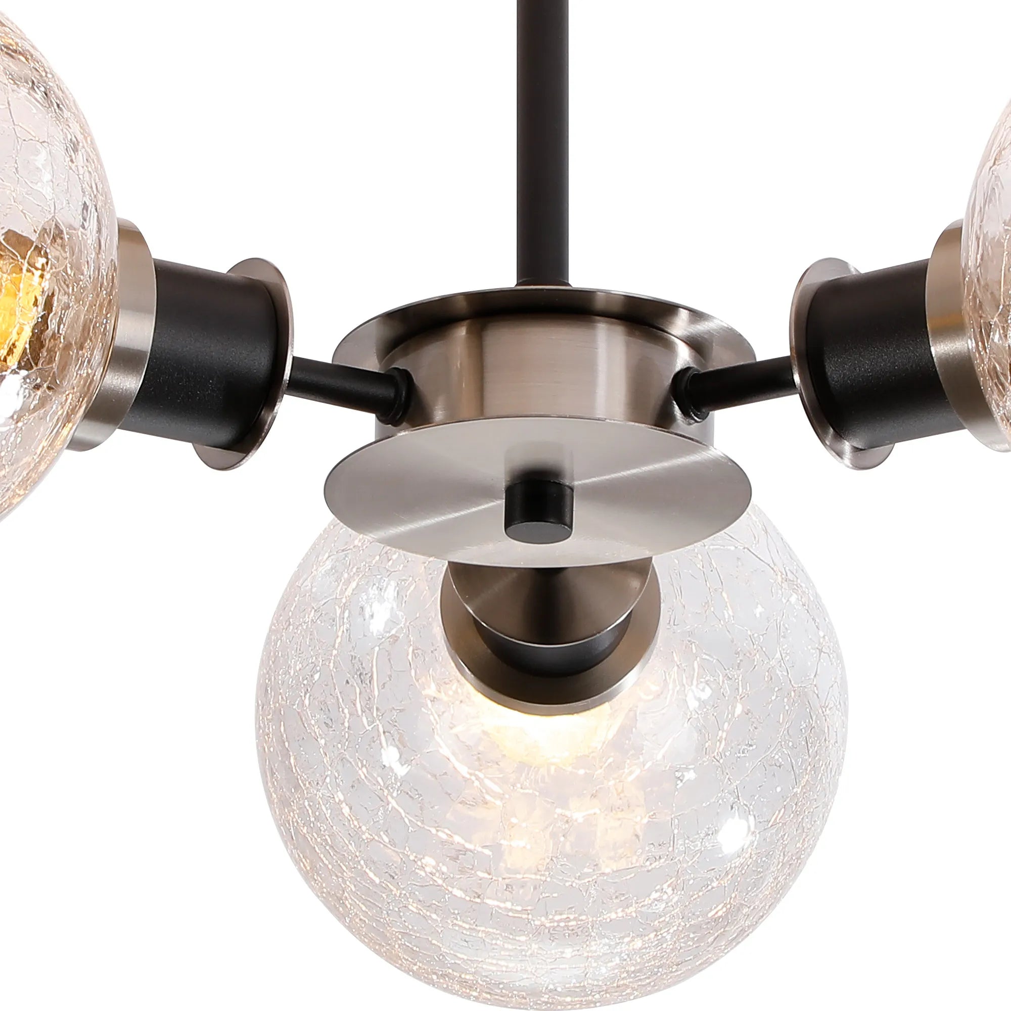 Sycamore Semi Ceiliing 3 Light with 15cm Round Crackled Glass Shade - Satin Nickel, Clear & Satin Black