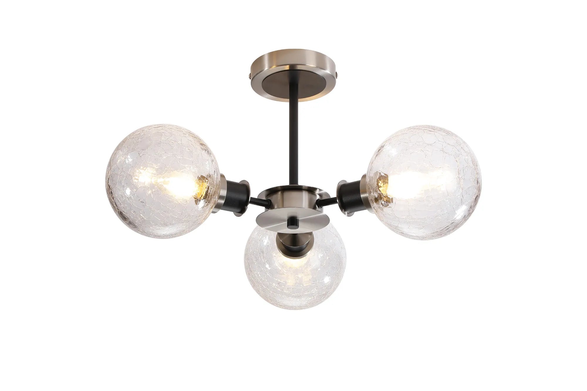 Sycamore Semi Ceiliing 3 Light with 15cm Round Crackled Glass Shade - Satin Nickel, Clear & Satin Black