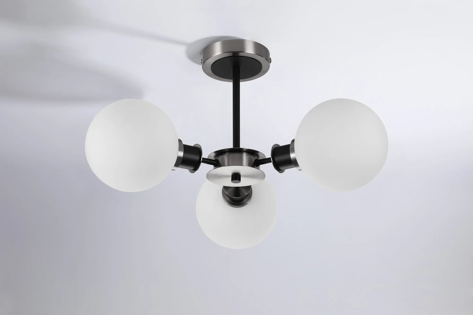 Sycamore Semi Ceiliing 3 Light with 15cm Round Glass Shade - Satin Nickel, Opal & Satin Black