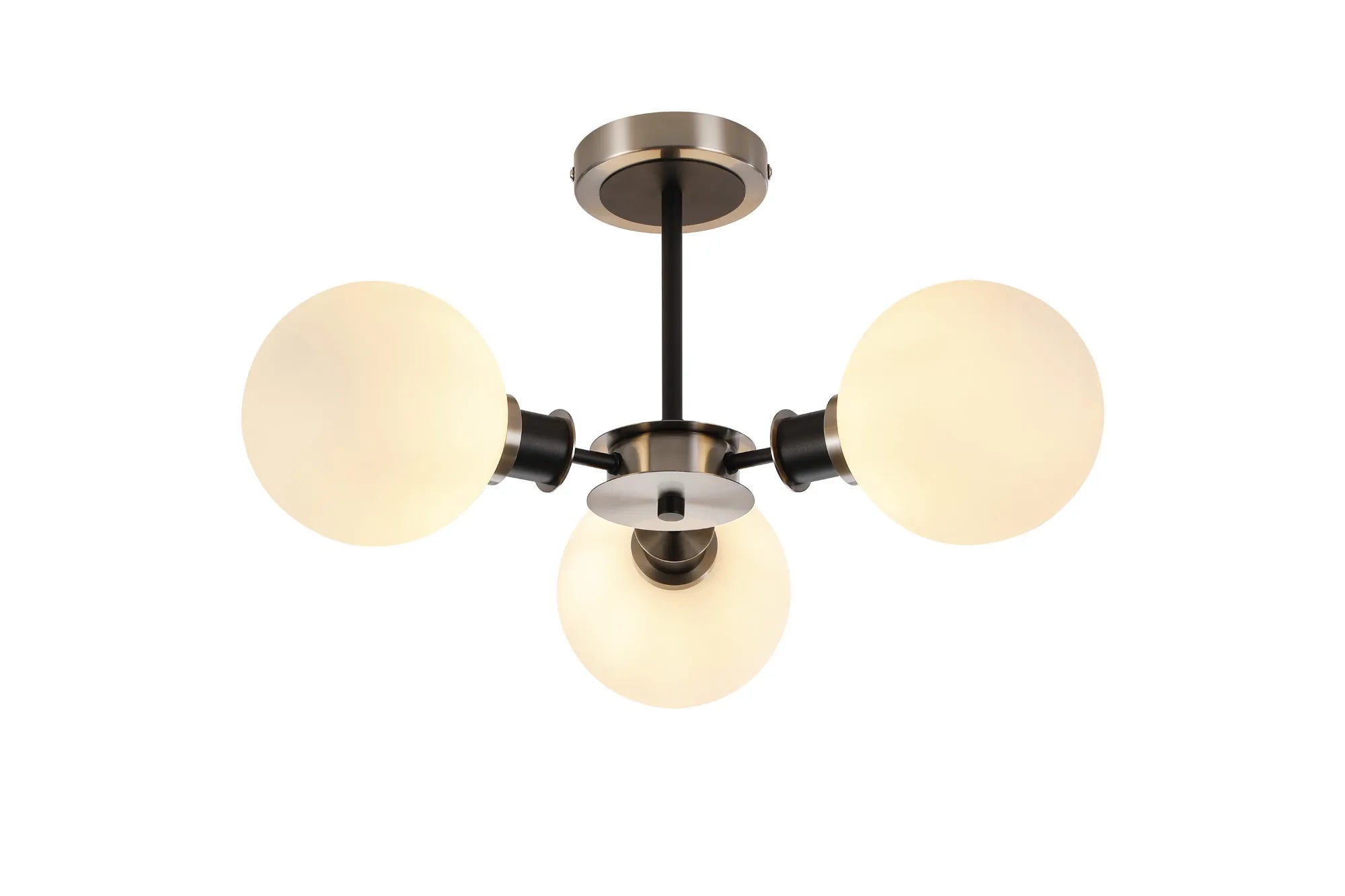 Sycamore Semi Ceiliing 3 Light with 15cm Round Glass Shade - Satin Nickel, Opal & Satin Black
