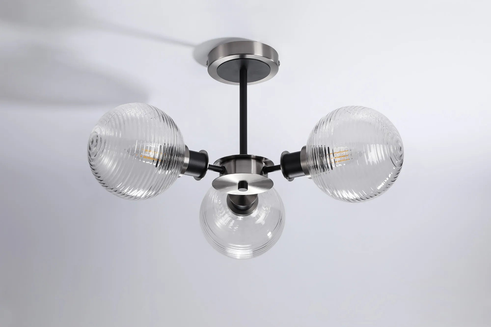 Sycamore Semi Ceiliing 3 Light with 15cm Round Ribbed Glass Shade - Satin Nickel, Clear & Satin Black