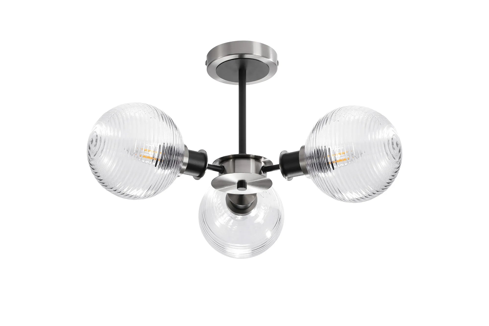 Sycamore Semi Ceiliing 3 Light with 15cm Round Ribbed Glass Shade - Satin Nickel, Clear & Satin Black