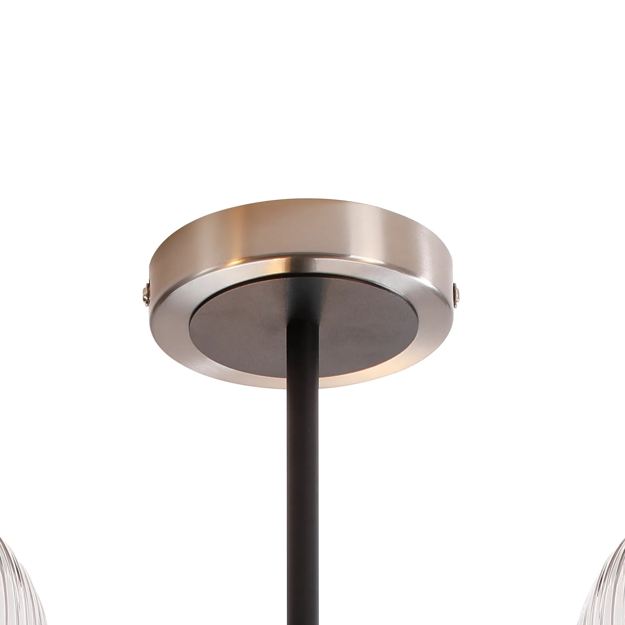 Sycamore Semi Ceiliing 3 Light with 15cm Round Ribbed Glass Shade - Satin Nickel, Clear & Satin Black
