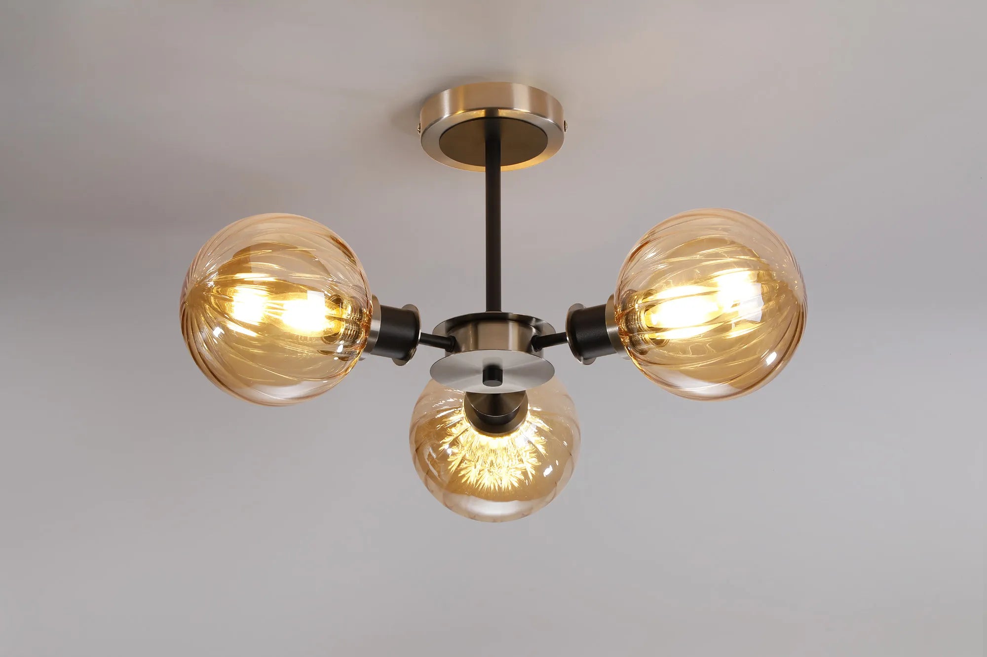 Sycamore Semi Ceiliing 3 Light with 15cm Round Segment Glass Shade - Satin Nickel, Amber Plated & Satin Black