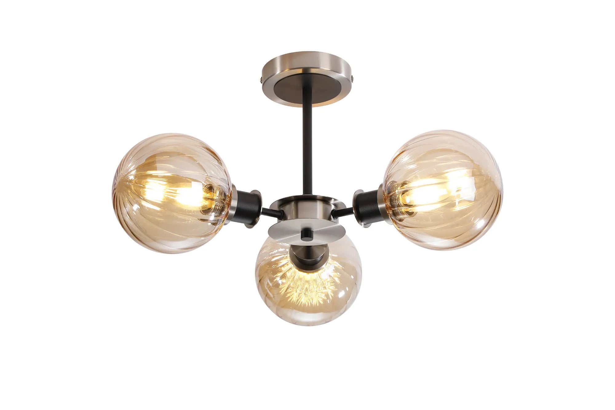 Sycamore Semi Ceiliing 3 Light with 15cm Round Segment Glass Shade - Satin Nickel, Amber Plated & Satin Black