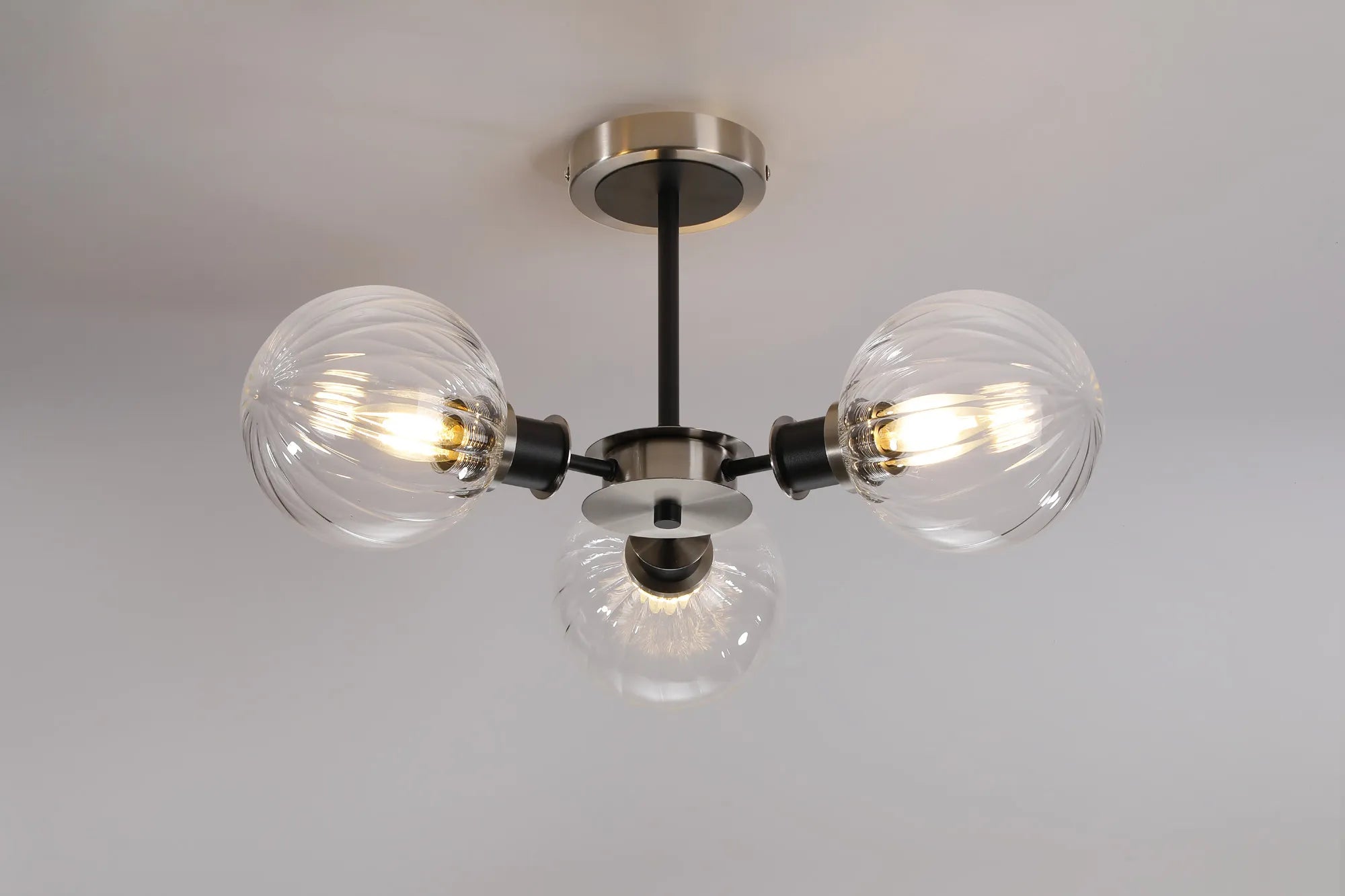 Sycamore Semi Ceiliing 3 Light with 15cm Round Segment Glass Shade - Satin Nickel, Clear & Satin Black