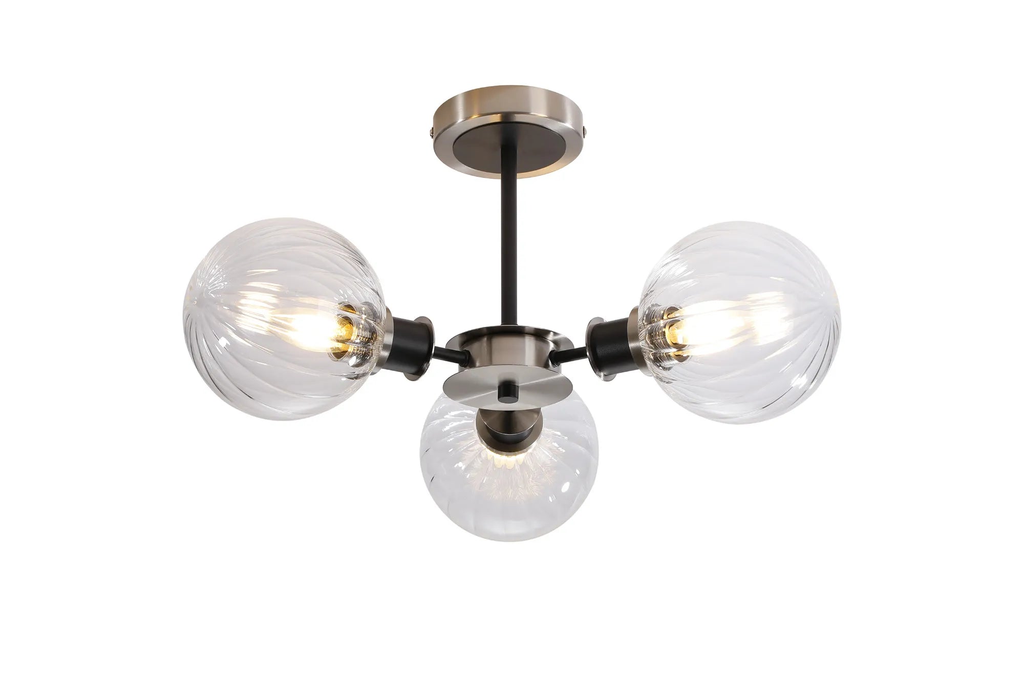 Sycamore Semi Ceiliing 3 Light with 15cm Round Segment Glass Shade - Satin Nickel, Clear & Satin Black