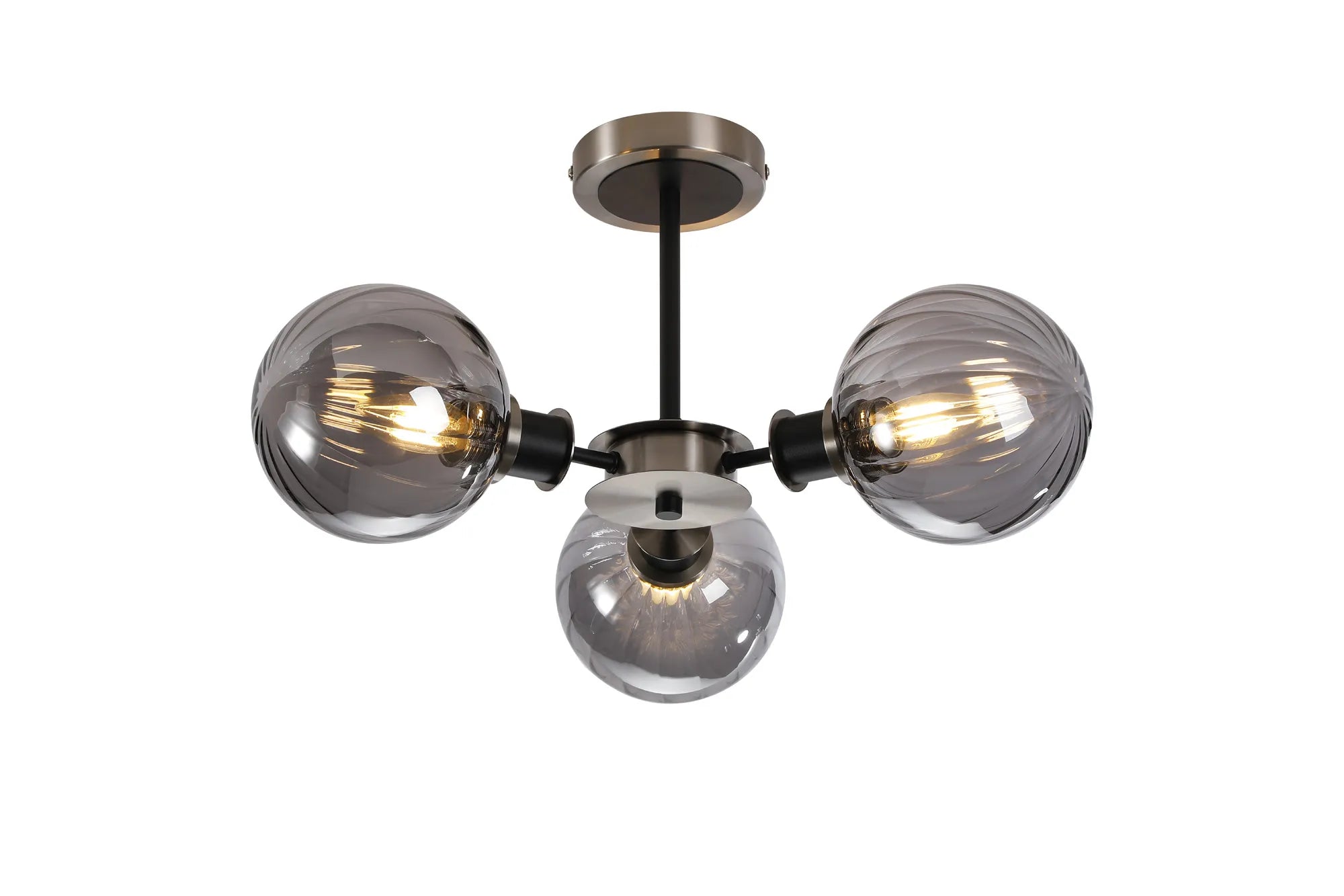 Sycamore Semi Ceiliing 3 Light with 15cm Round Segment Glass Shade - Satin Nickel, Smoke Plated & Satin Black