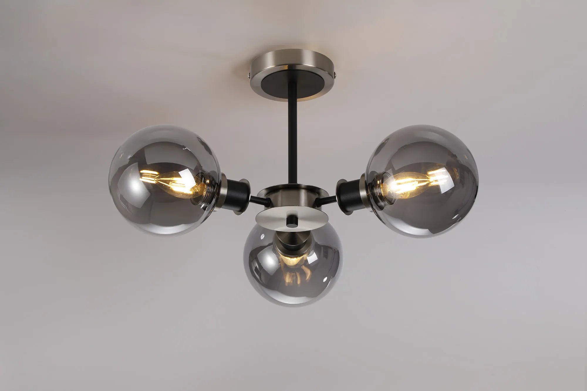 Sycamore Semi Ceiliing 3 Light with 15cm Round Glass Shade - Satin Nickel, Smoke Plated & Satin Black