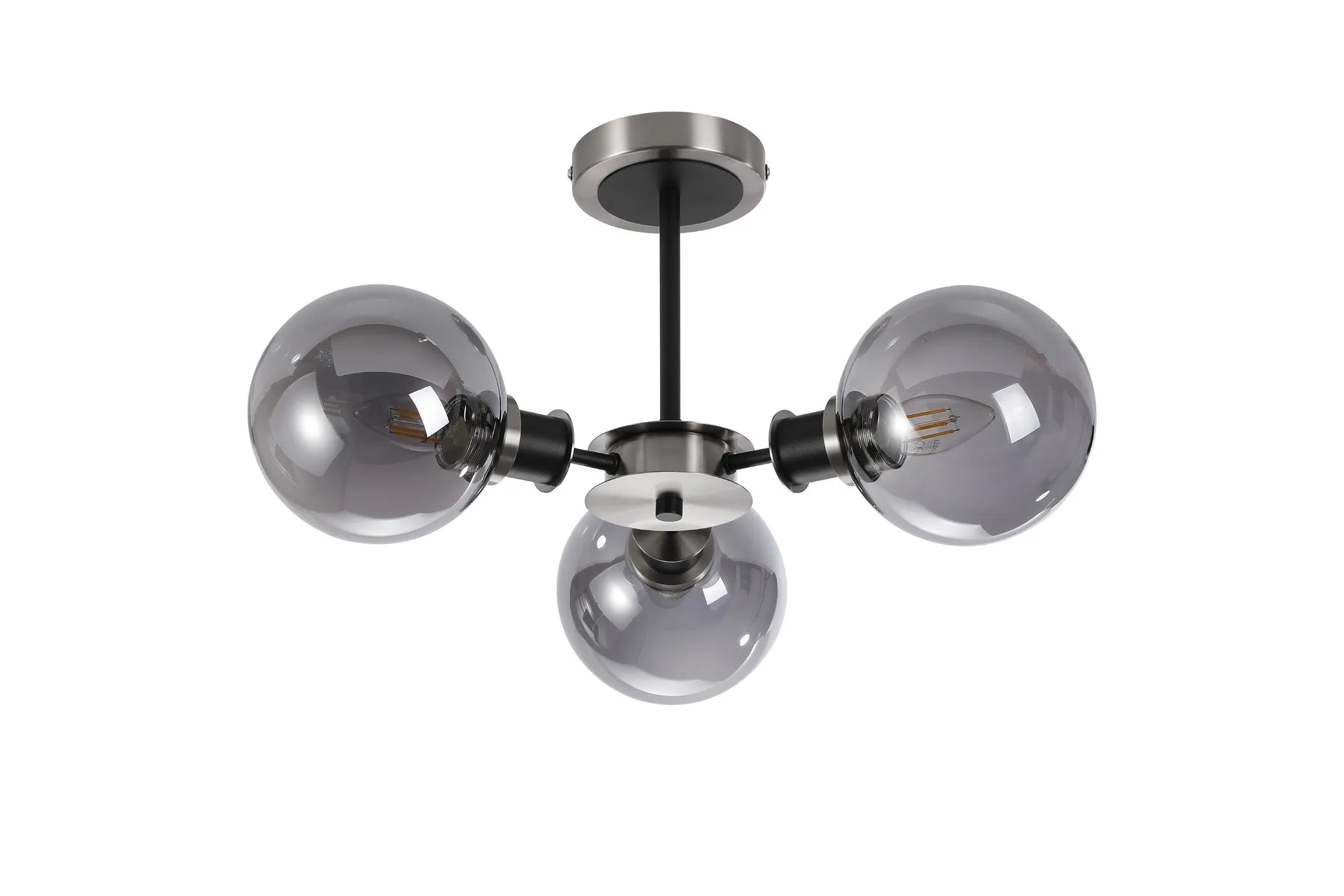 Sycamore Semi Ceiliing 3 Light with 15cm Round Glass Shade - Satin Nickel, Smoke Plated & Satin Black