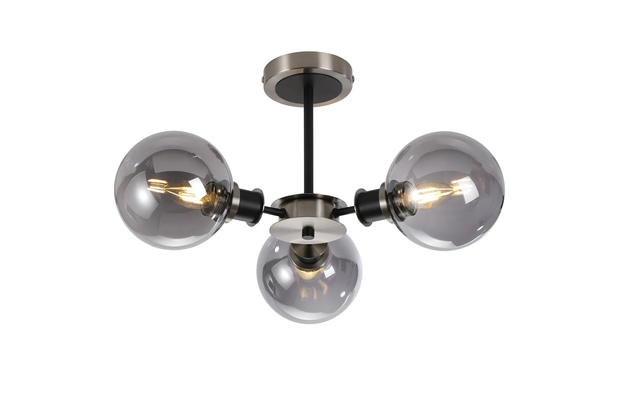 Sycamore Semi Ceiliing 3 Light with 15cm Round Glass Shade - Satin Nickel, Smoke Plated & Satin Black