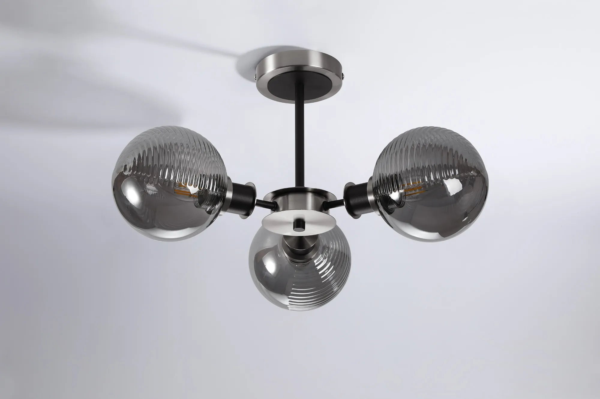 Sycamore Semi Ceiliing 3 Light with 15cm Round Double Textured Smooth & Ribbed Glass Shade - Satin Nickel, Smoke Plated & Satin Black