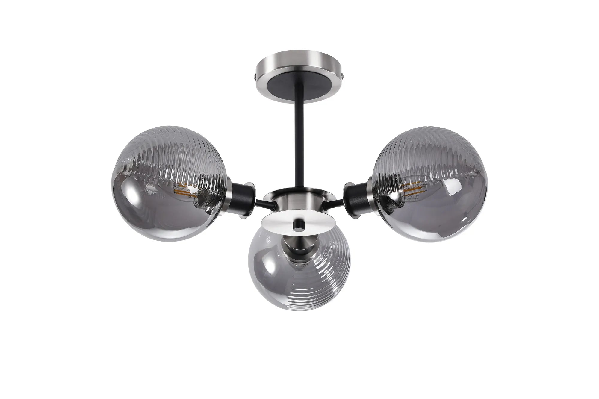 Sycamore Semi Ceiliing 3 Light with 15cm Round Double Textured Smooth & Ribbed Glass Shade - Satin Nickel, Smoke Plated & Satin Black