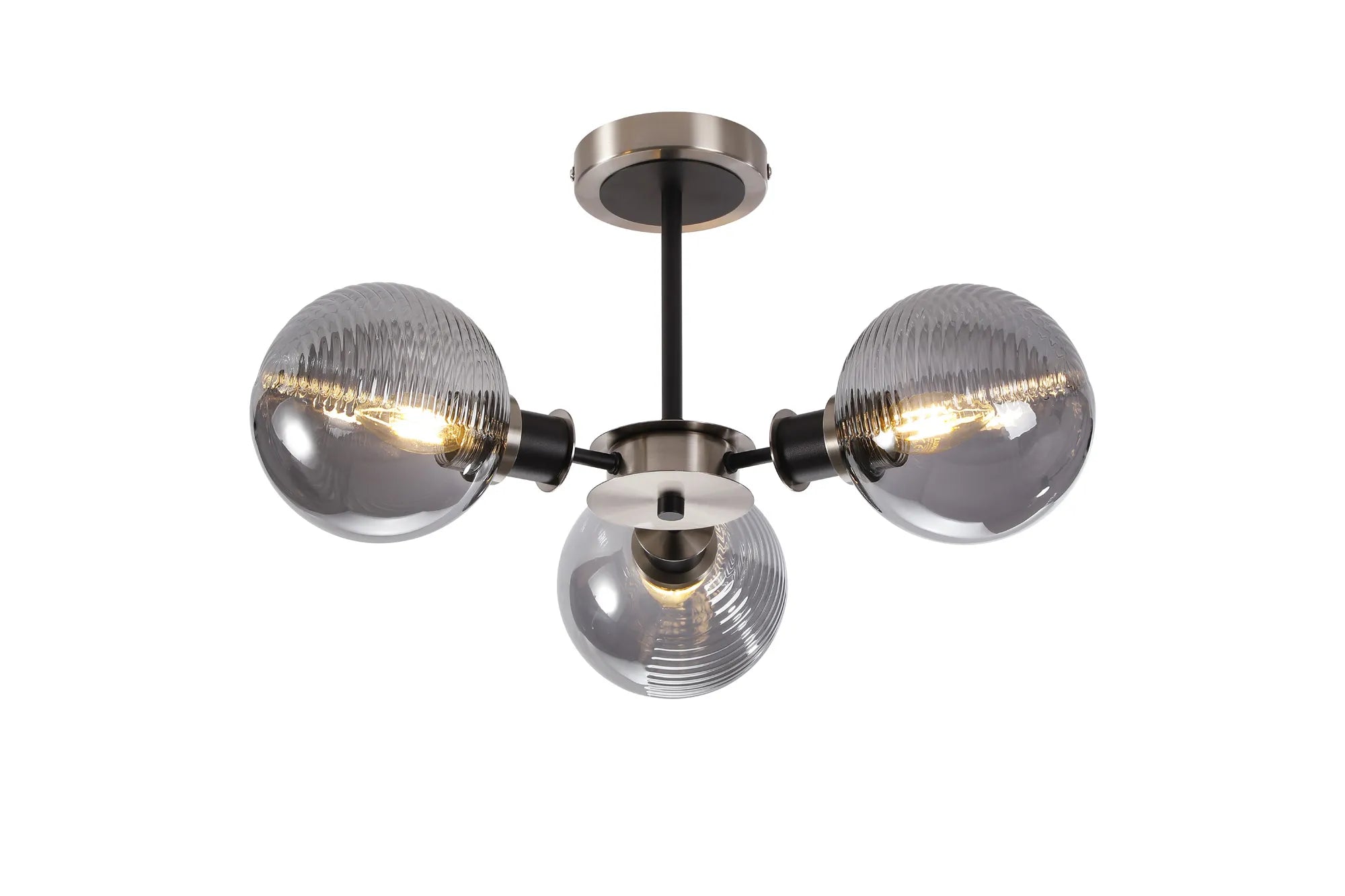 Sycamore Semi Ceiliing 3 Light with 15cm Round Double Textured Smooth & Ribbed Glass Shade - Satin Nickel, Smoke Plated & Satin Black