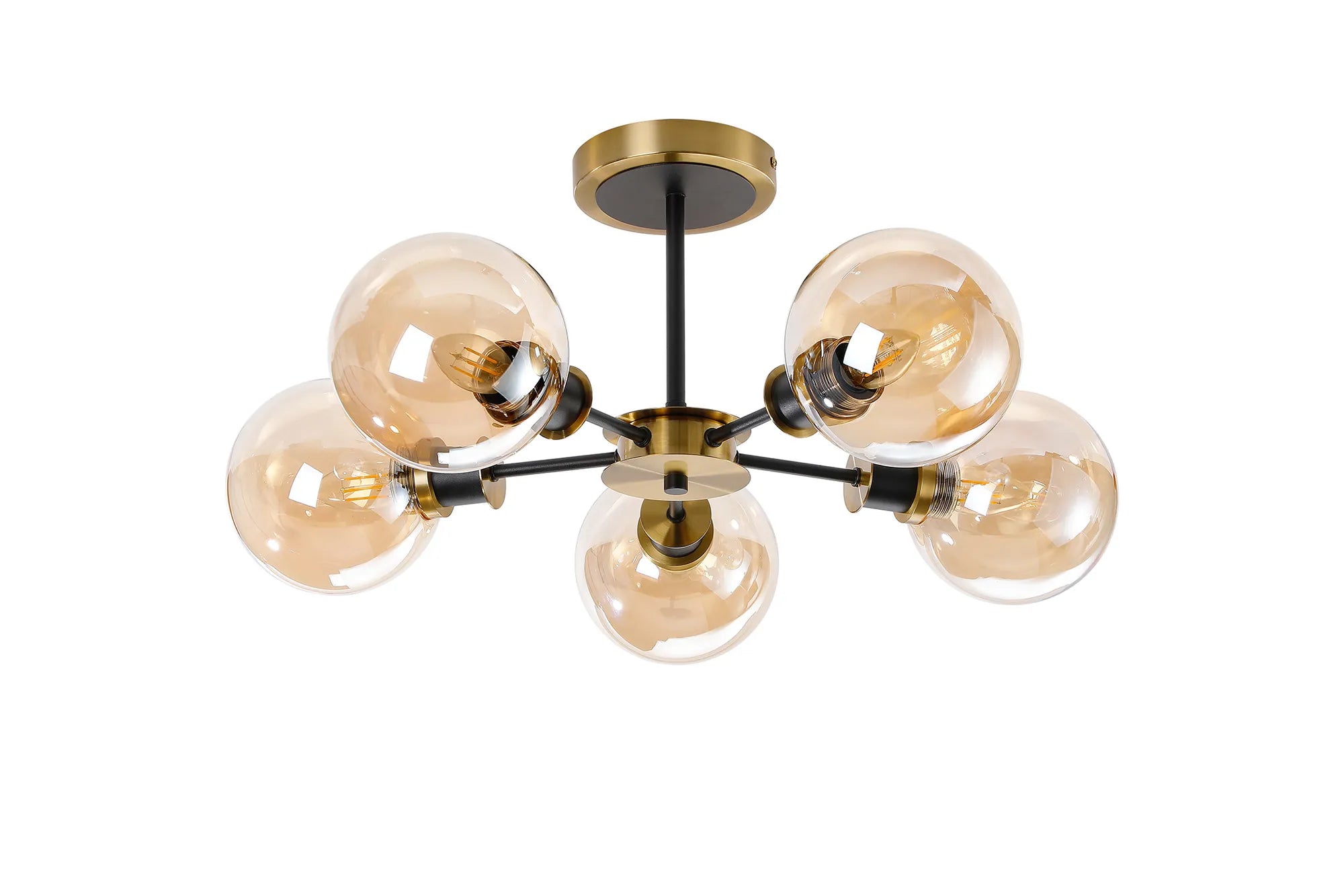 Sycamore Semi Ceiliing 5 Light with 15cm Round Glass Shade - Brass, Amber Plated & Satin Black