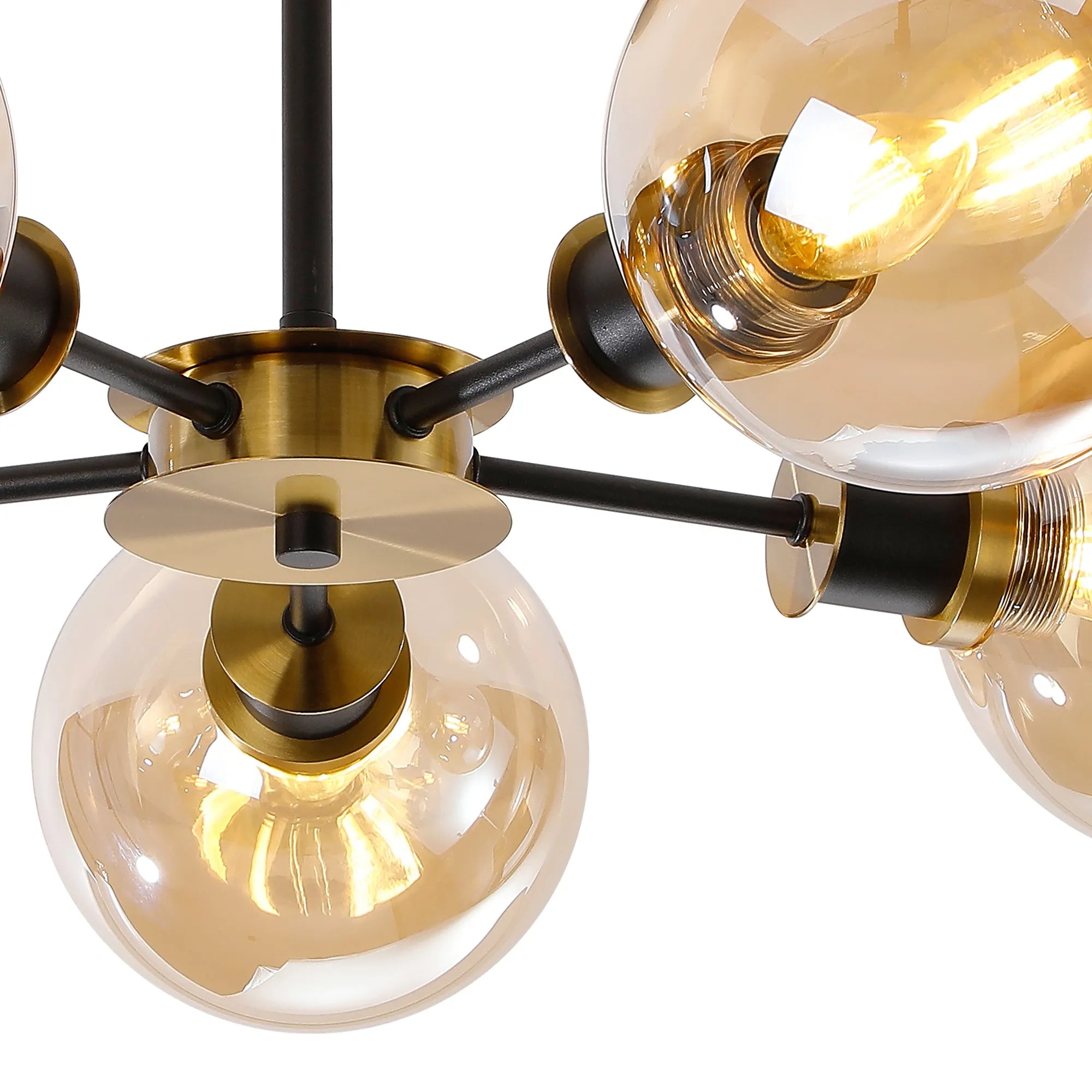 Sycamore Semi Ceiliing 5 Light with 15cm Round Glass Shade - Brass, Amber Plated & Satin Black