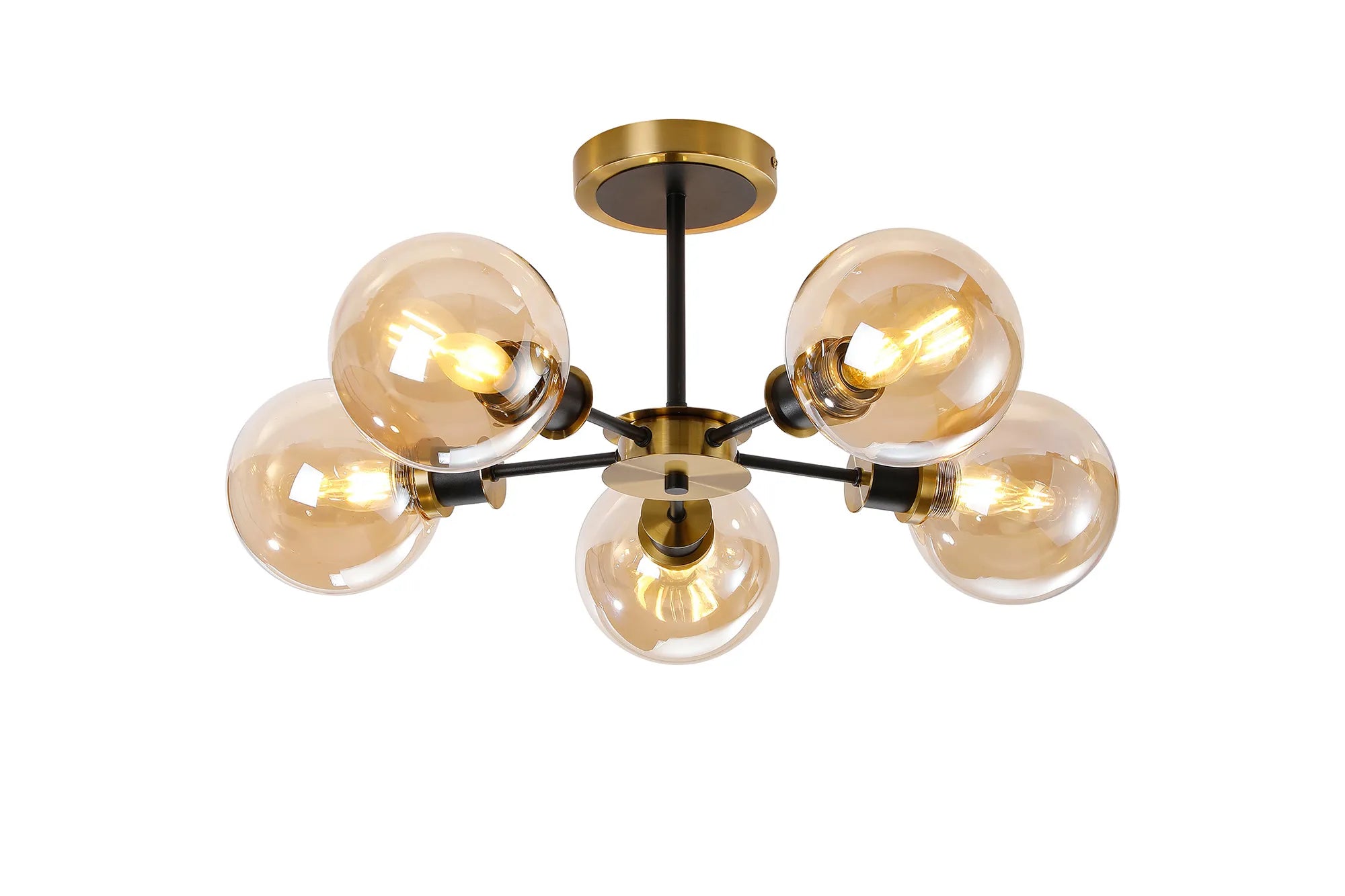 Sycamore Semi Ceiliing 5 Light with 15cm Round Glass Shade - Brass, Amber Plated & Satin Black