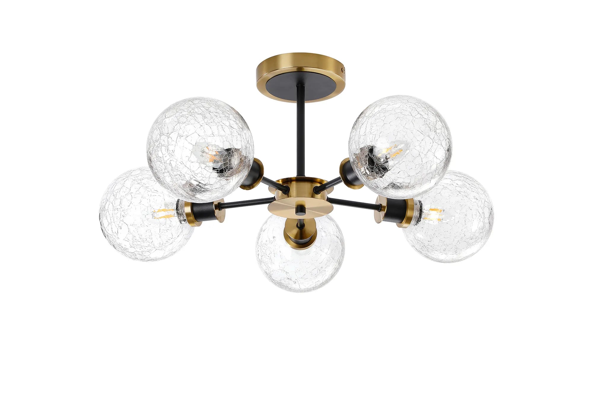 Sycamore Semi Ceiliing 5 Light with 15cm Round Crackled Glass Shade - Brass, Clear & Satin Black