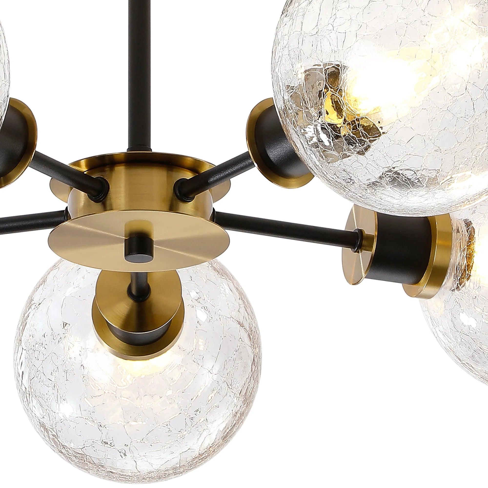 Sycamore Semi Ceiliing 5 Light with 15cm Round Crackled Glass Shade - Brass, Clear & Satin Black