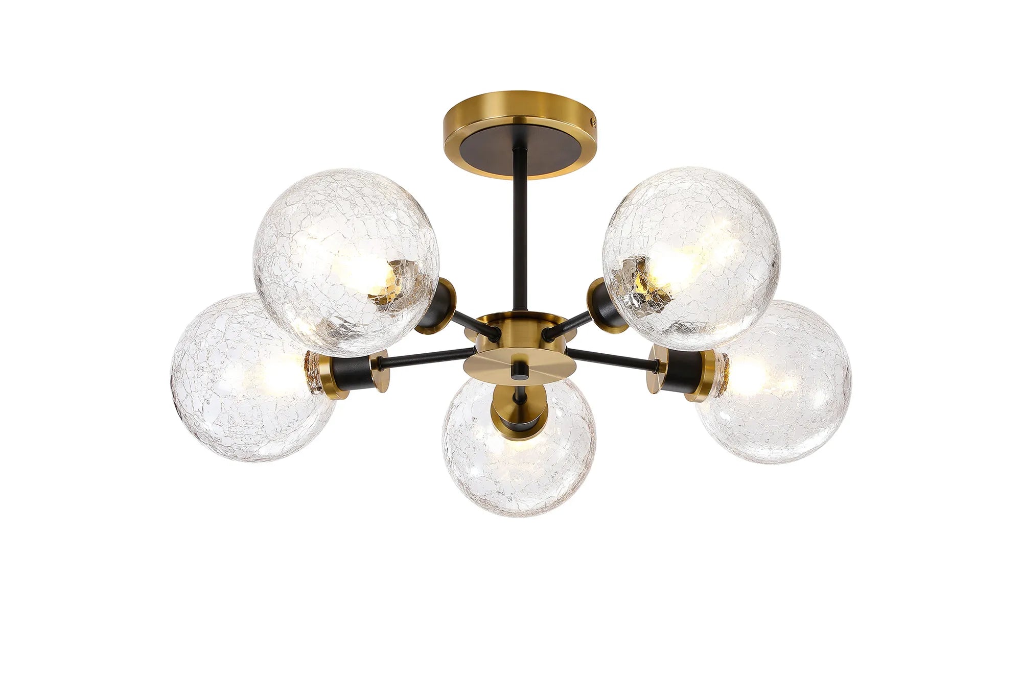 Sycamore Semi Ceiliing 5 Light with 15cm Round Crackled Glass Shade - Brass, Clear & Satin Black