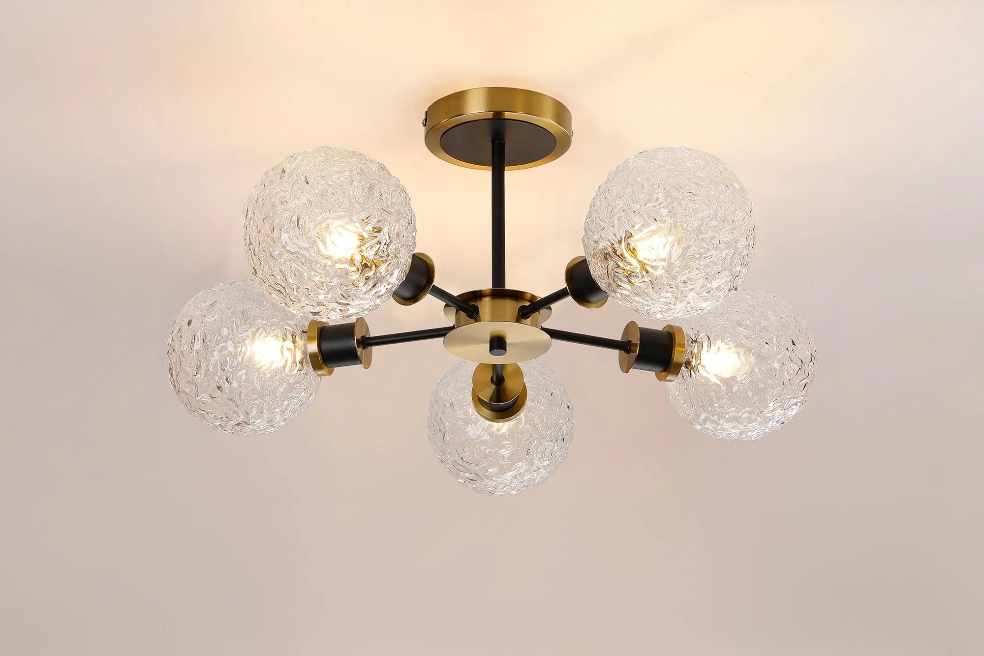 Sycamore Semi Ceiliing 5 Light with 15cm Round Textured Crumple Glass Shade - Brass, Clear & Satin Black