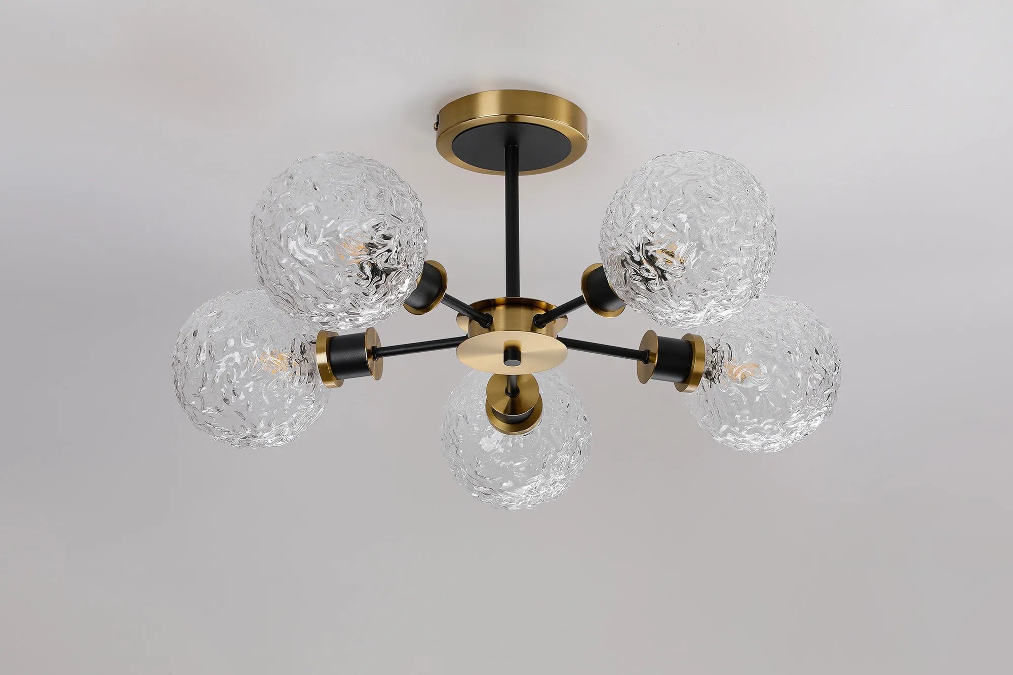 Sycamore Semi Ceiliing 5 Light with 15cm Round Textured Crumple Glass Shade - Brass, Clear & Satin Black