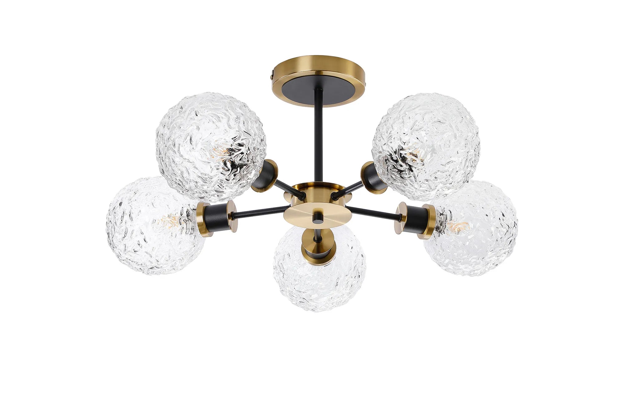 Sycamore Semi Ceiliing 5 Light with 15cm Round Textured Crumple Glass Shade - Brass, Clear & Satin Black