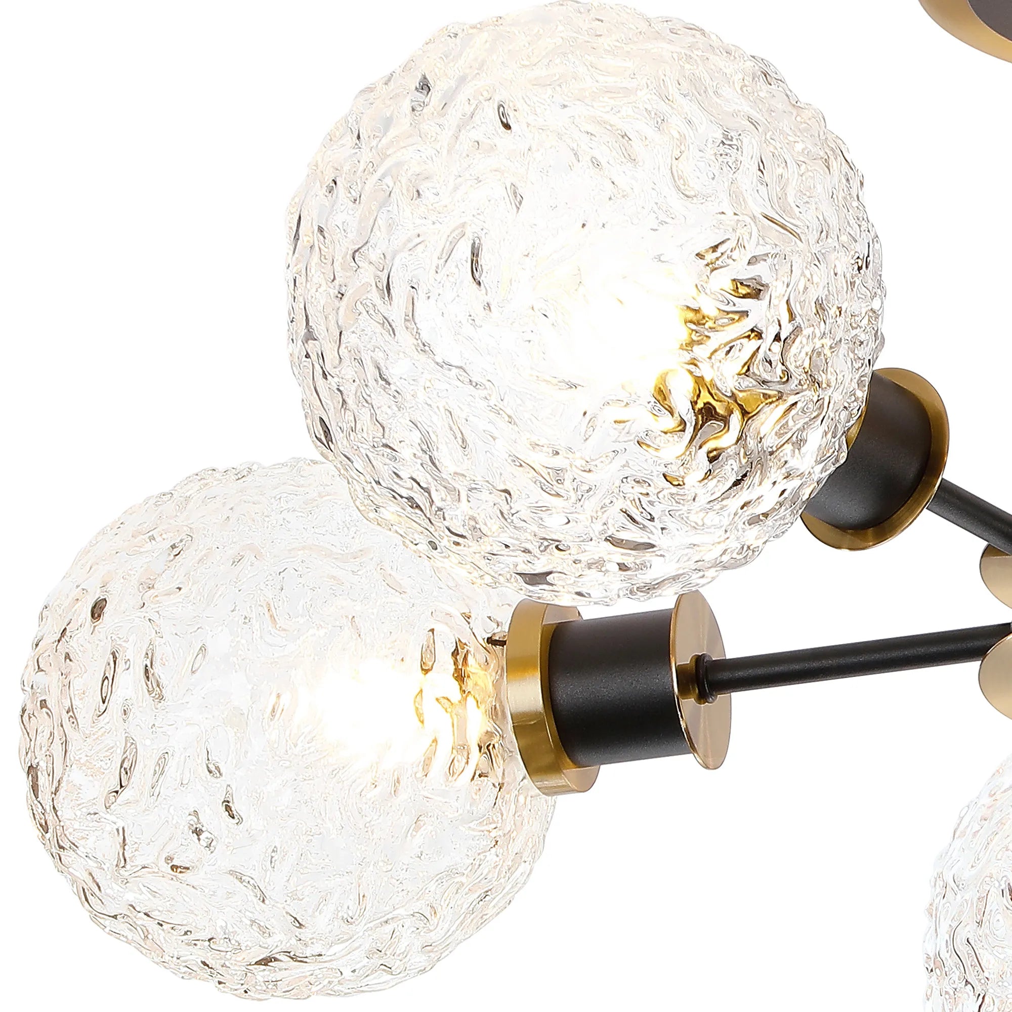 Sycamore Semi Ceiliing 5 Light with 15cm Round Textured Crumple Glass Shade - Brass, Clear & Satin Black