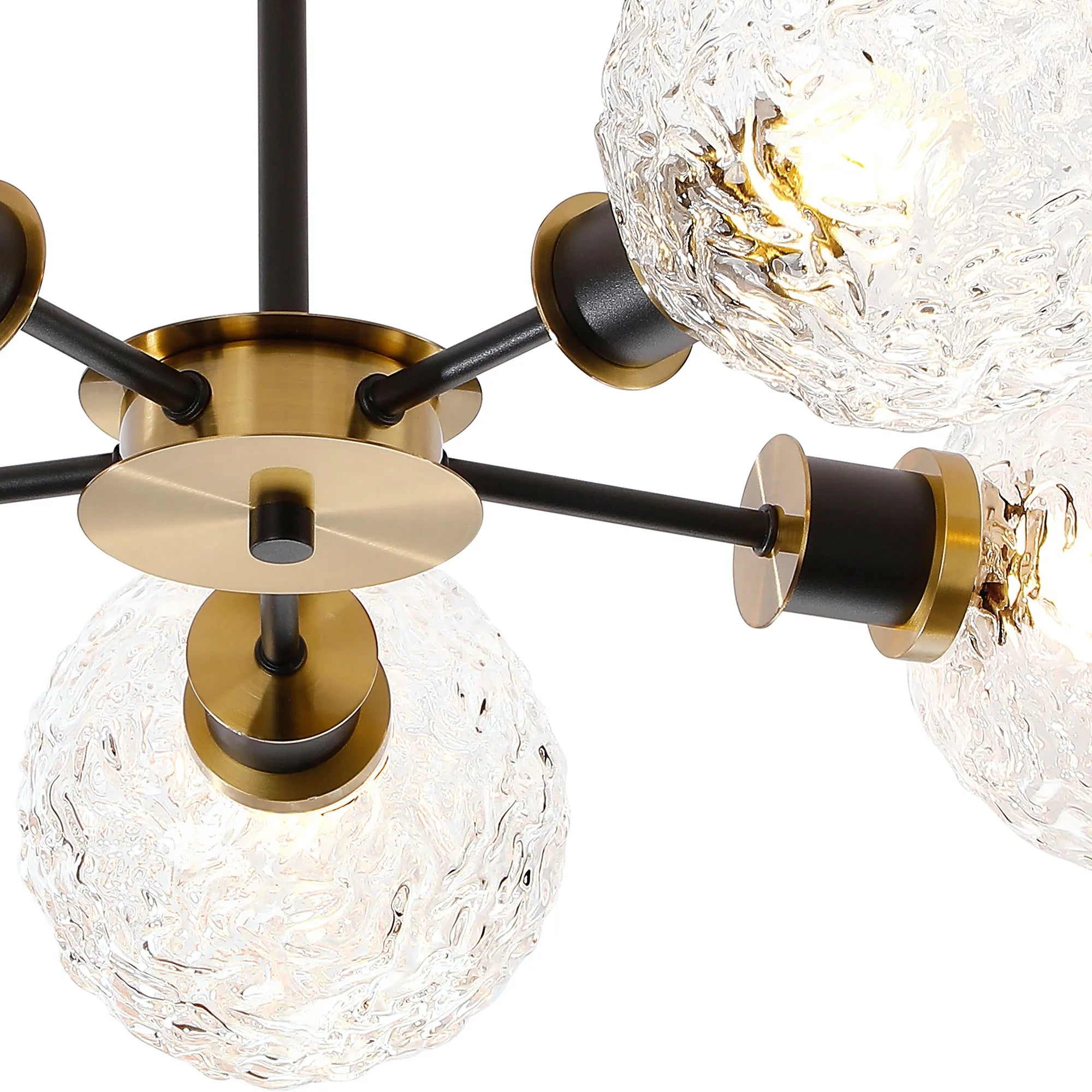 Sycamore Semi Ceiliing 5 Light with 15cm Round Textured Crumple Glass Shade - Brass, Clear & Satin Black