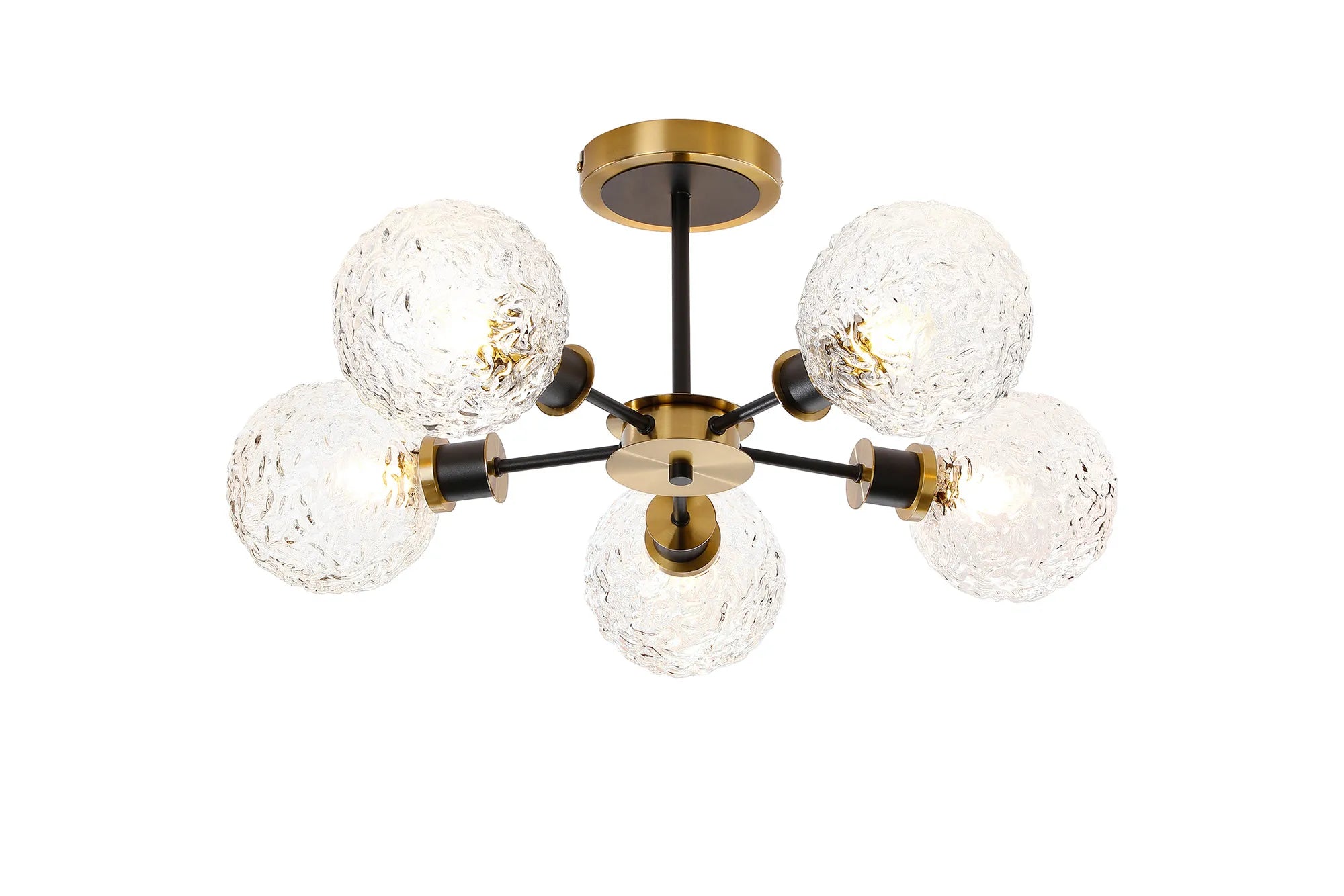 Sycamore Semi Ceiliing 5 Light with 15cm Round Textured Crumple Glass Shade - Brass, Clear & Satin Black