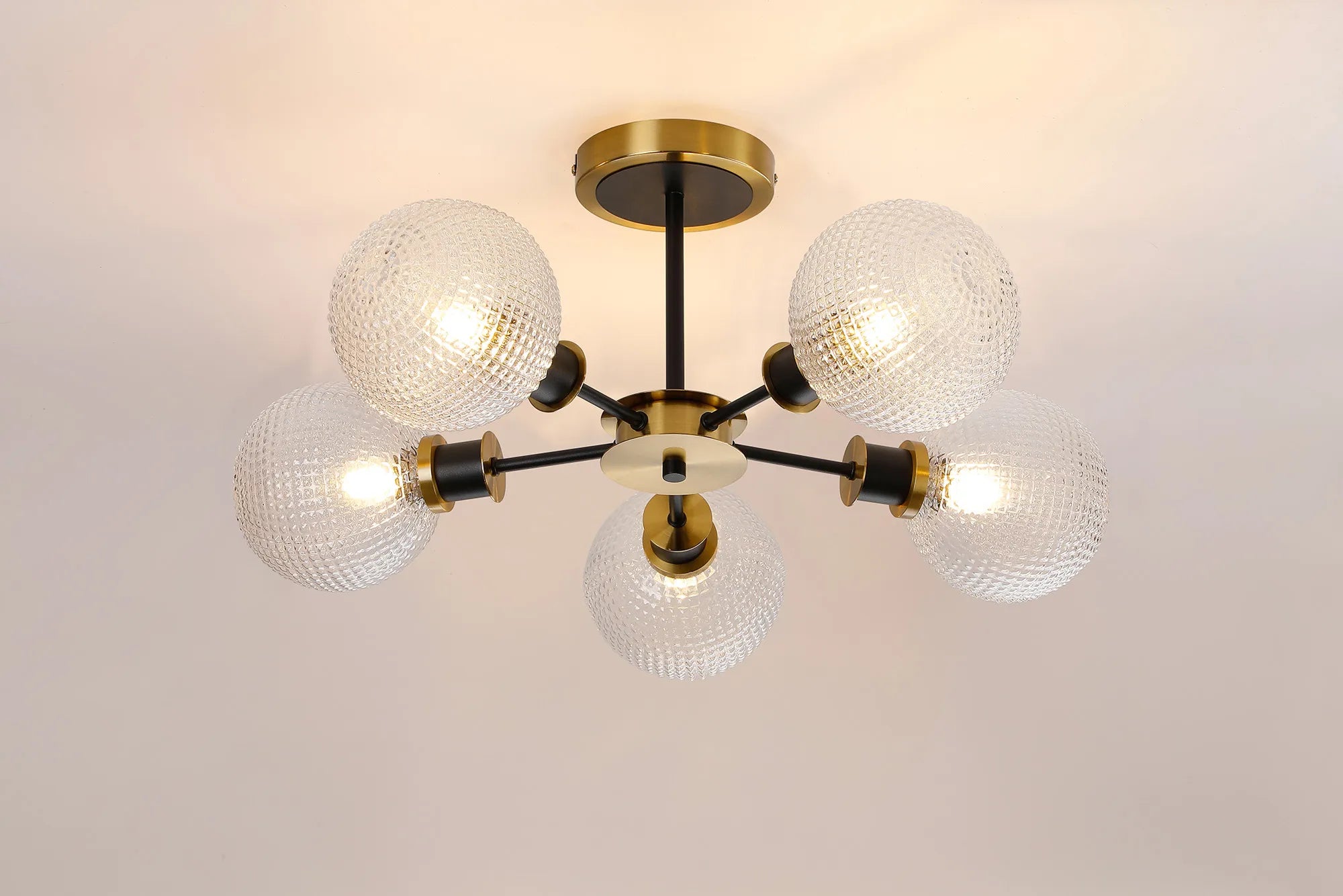 Sycamore Semi Ceiliing 5 Light with 15cm Round Textured Diamond Pattern Glass Shade - Brass, Clear & Satin Black