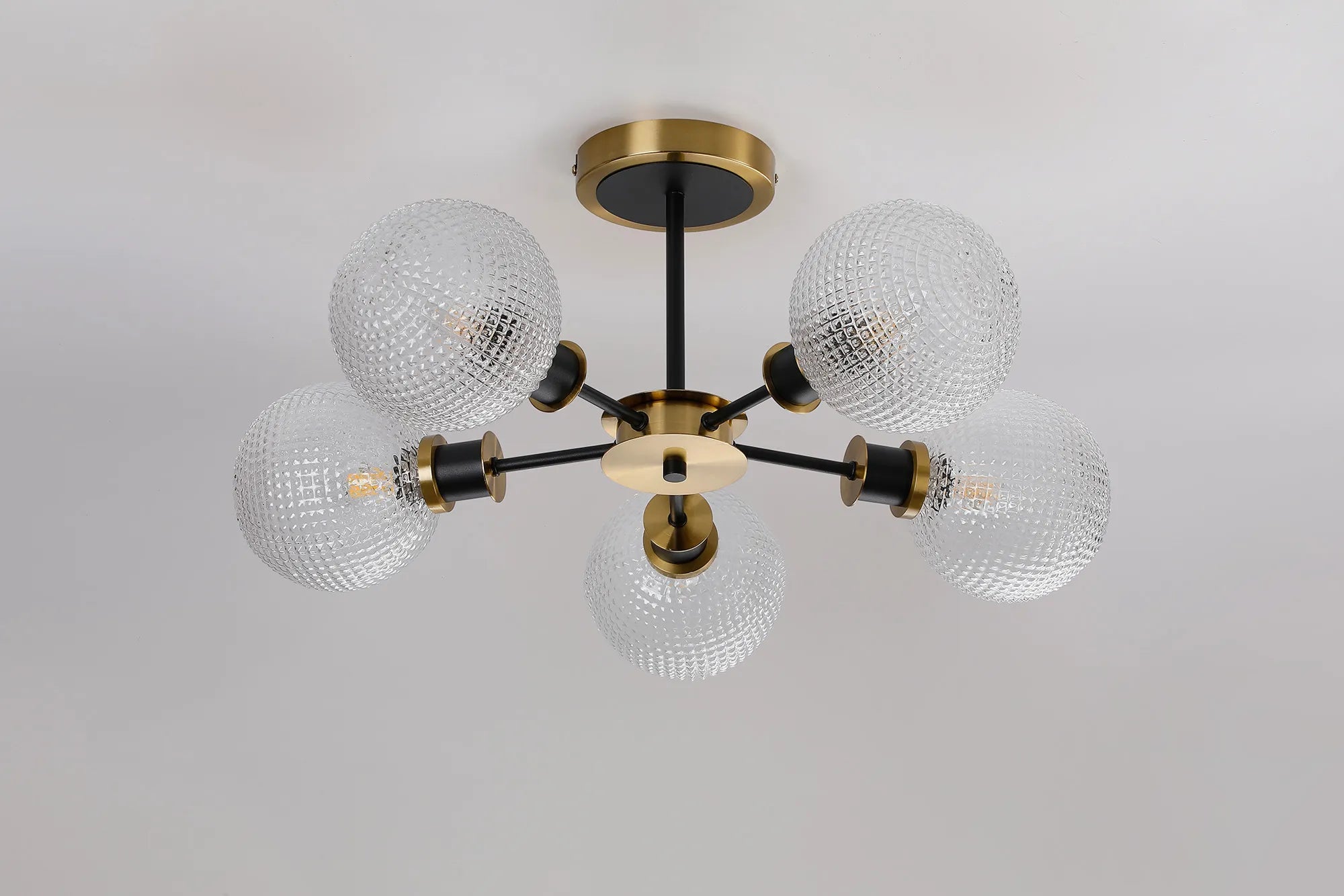 Sycamore Semi Ceiliing 5 Light with 15cm Round Textured Diamond Pattern Glass Shade - Brass, Clear & Satin Black