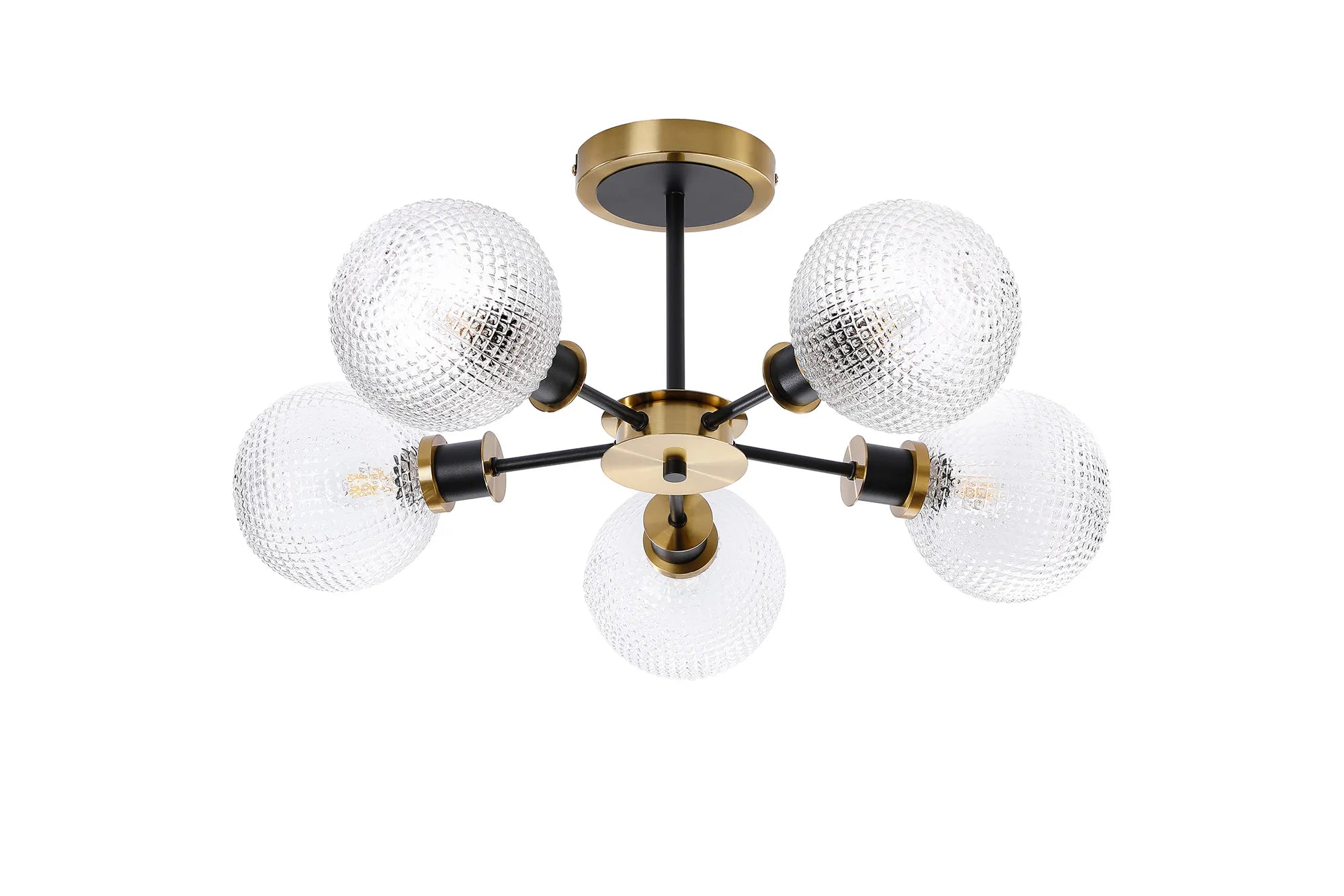 Sycamore Semi Ceiliing 5 Light with 15cm Round Textured Diamond Pattern Glass Shade - Brass, Clear & Satin Black