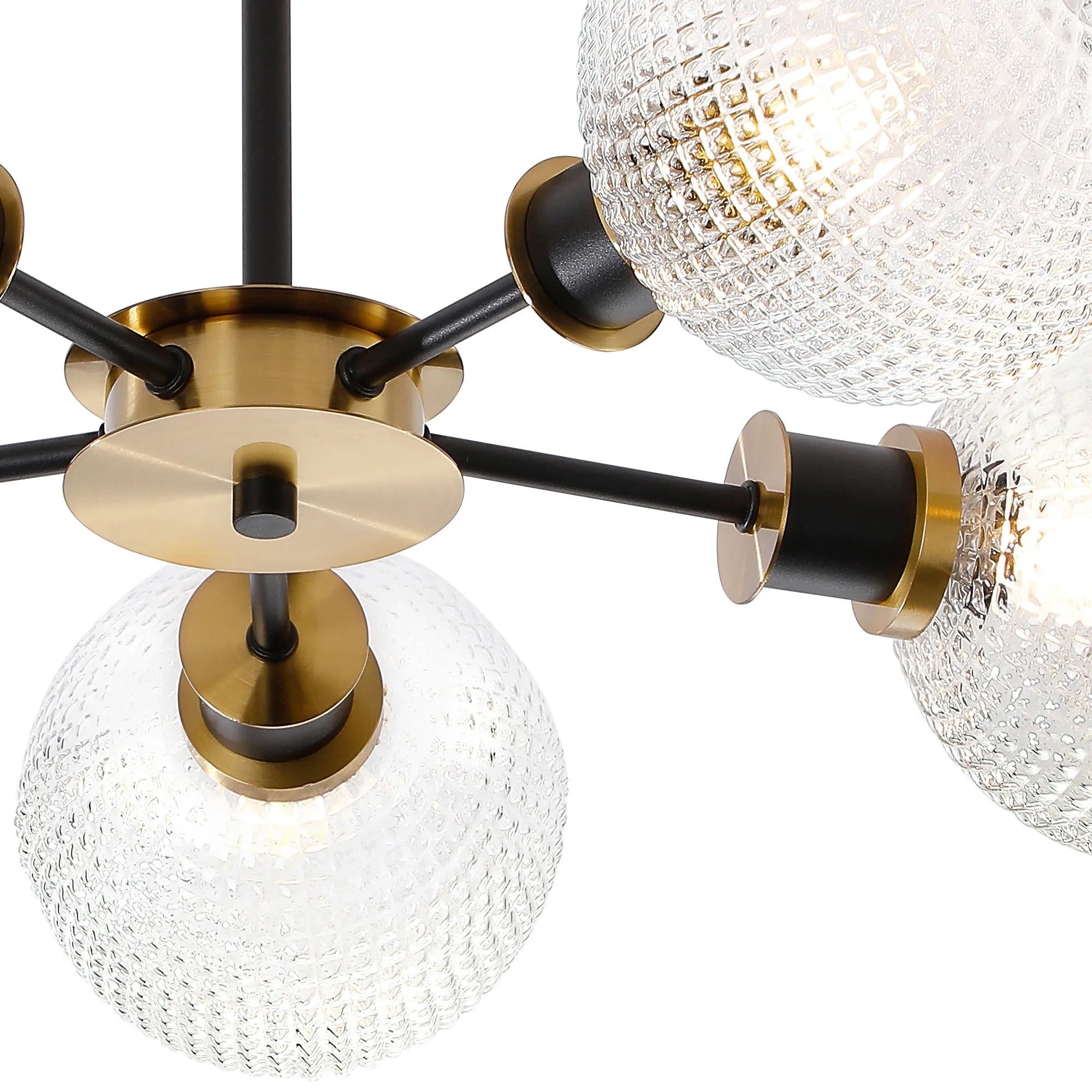 Sycamore Semi Ceiliing 5 Light with 15cm Round Textured Diamond Pattern Glass Shade - Brass, Clear & Satin Black