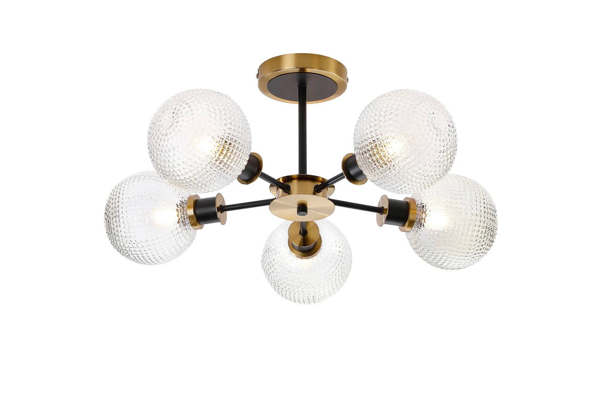 Sycamore Semi Ceiliing 5 Light with 15cm Round Textured Diamond Pattern Glass Shade - Brass, Clear & Satin Black