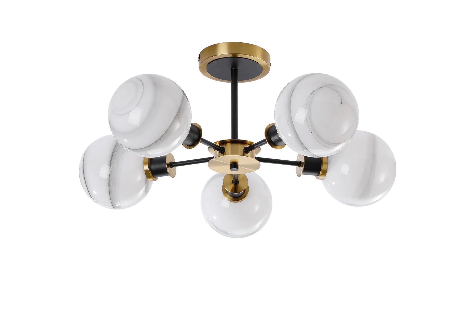 Sycamore Semi Ceiliing 5 Light with 15cm Round Marble Effect Glass Shade - Brass, White & Satin Black