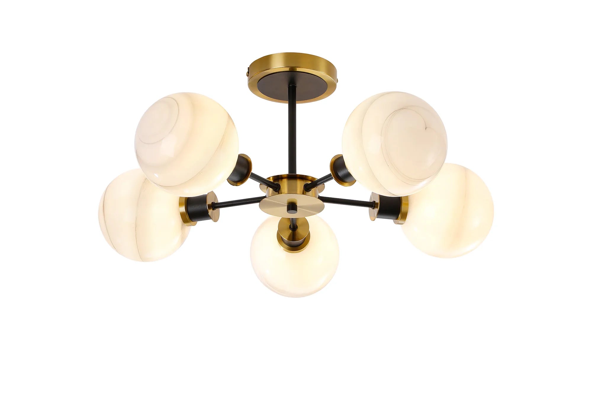 Sycamore Semi Ceiliing 5 Light with 15cm Round Marble Effect Glass Shade - Brass, White & Satin Black