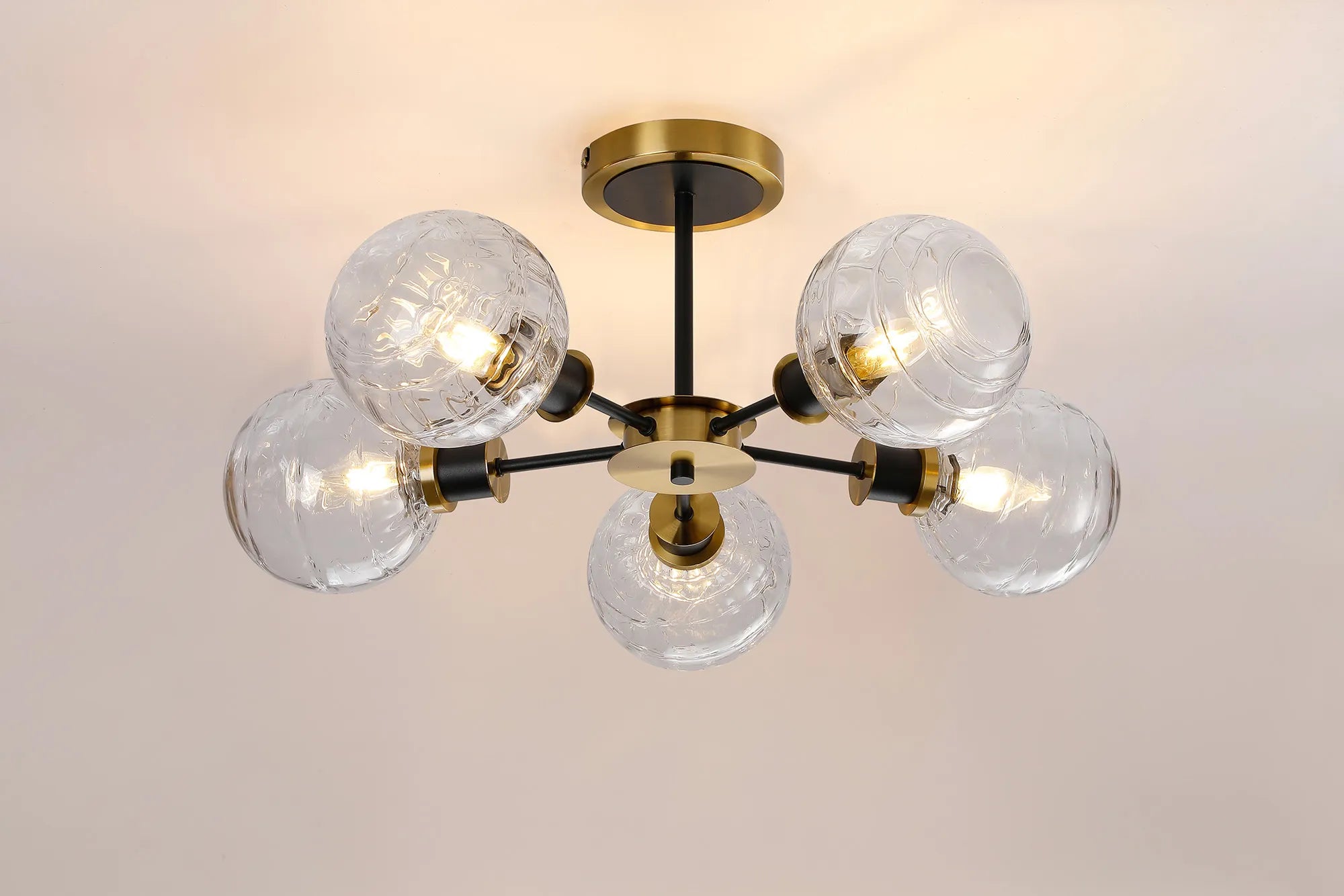 Sycamore Semi Ceiliing 5 Light with 15cm Round Textured Melting Glass Shade - Brass, Clear & Satin Black
