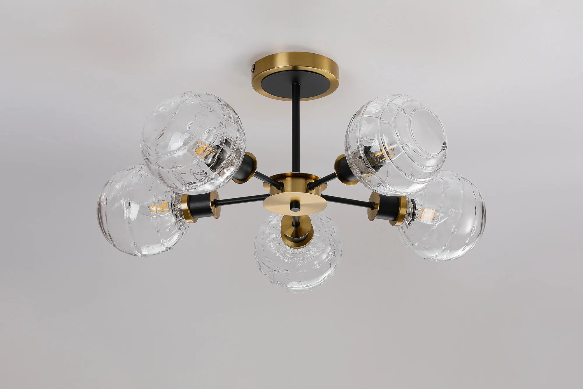 Sycamore Semi Ceiliing 5 Light with 15cm Round Textured Melting Glass Shade - Brass, Clear & Satin Black