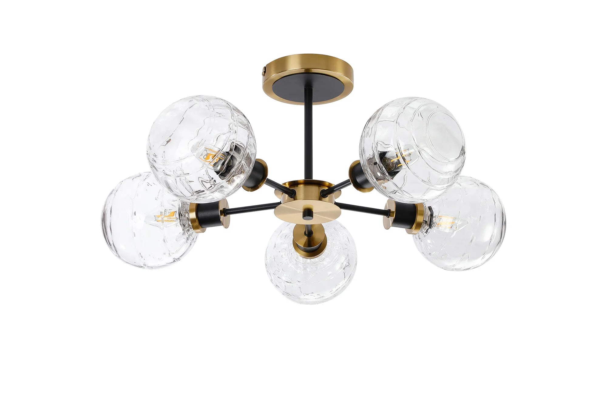 Sycamore Semi Ceiliing 5 Light with 15cm Round Textured Melting Glass Shade - Brass, Clear & Satin Black