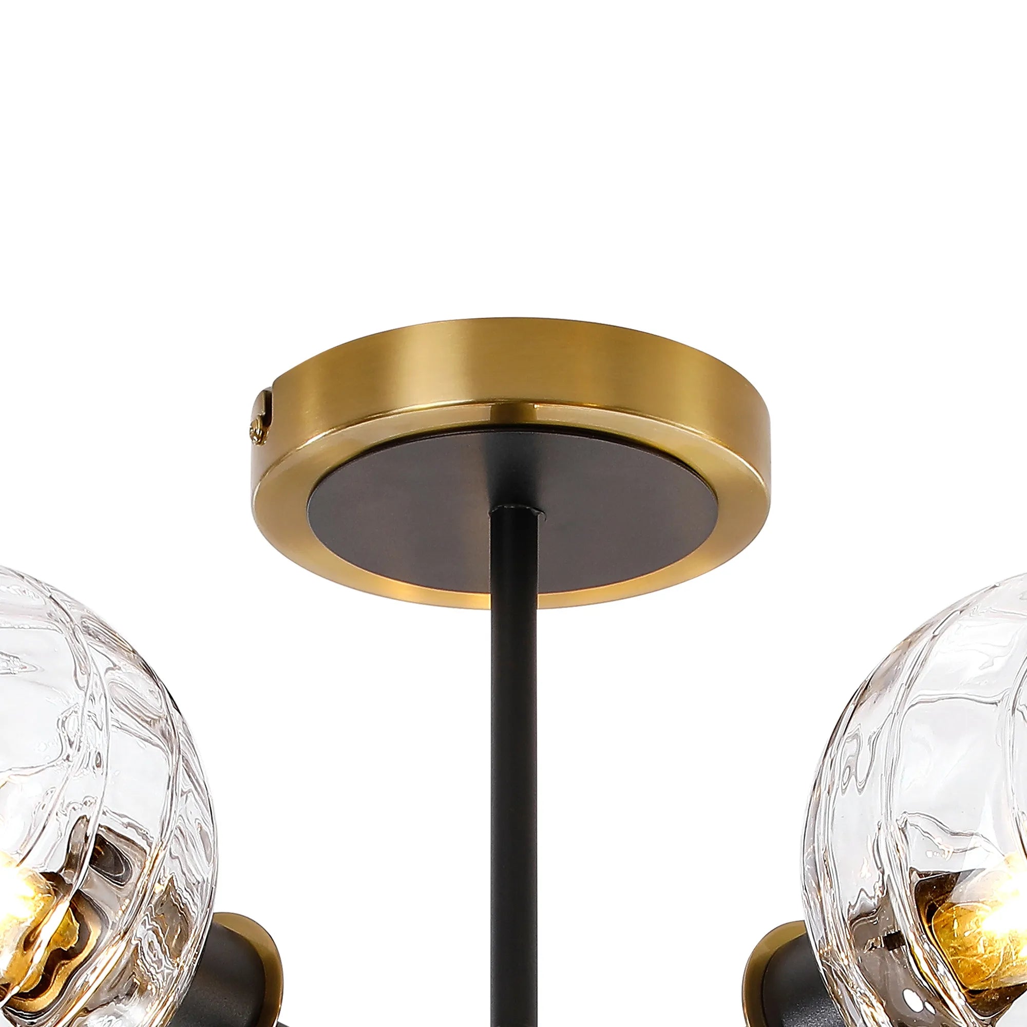 Sycamore Semi Ceiliing 5 Light with 15cm Round Textured Melting Glass Shade - Brass, Clear & Satin Black