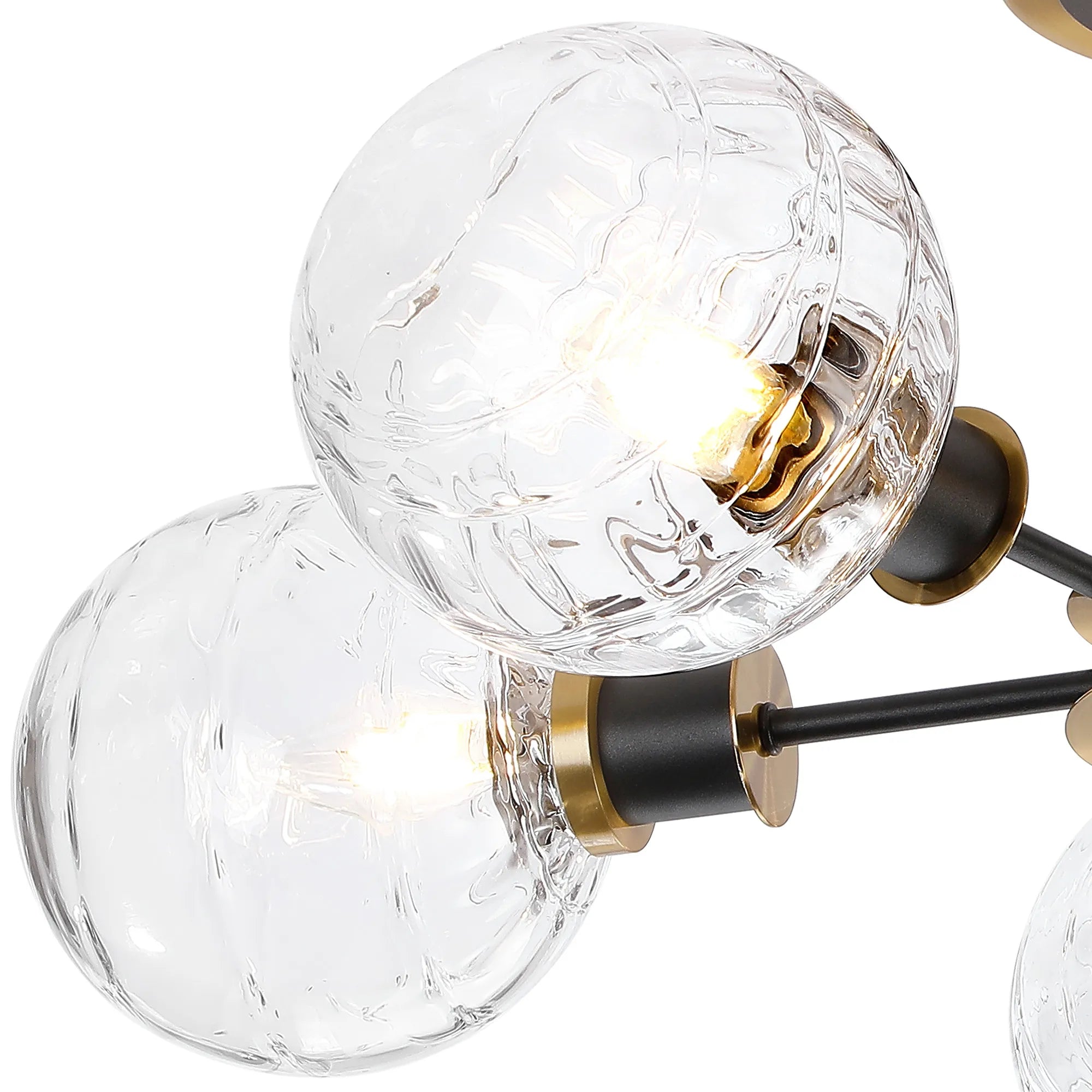 Sycamore Semi Ceiliing 5 Light with 15cm Round Textured Melting Glass Shade - Brass, Clear & Satin Black